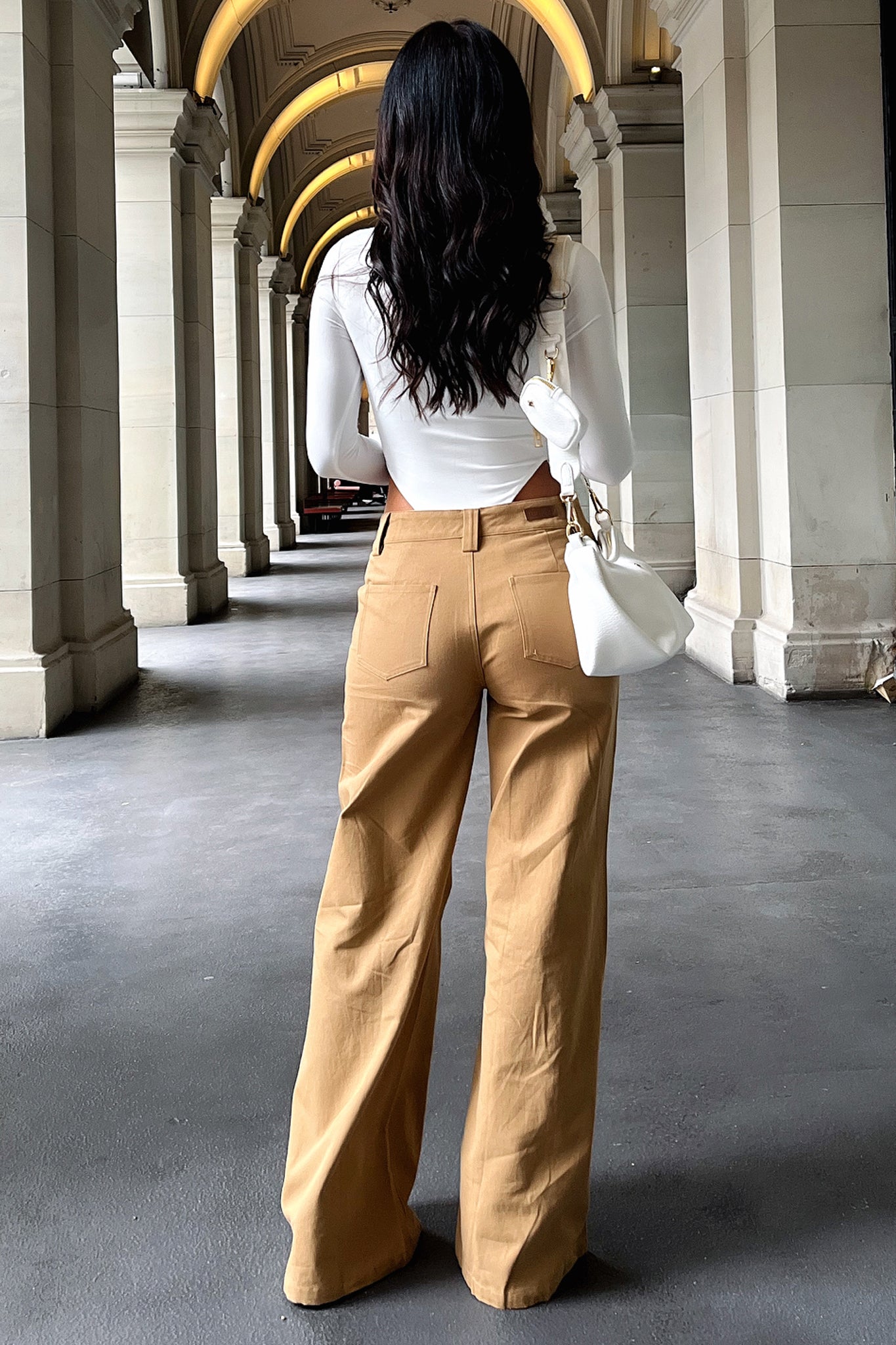 Inaya Women's Wide Leg Jeans in Tan - Comfortable High Waist Stretch Denim Pants for Casual Wear & Everyday Outfits