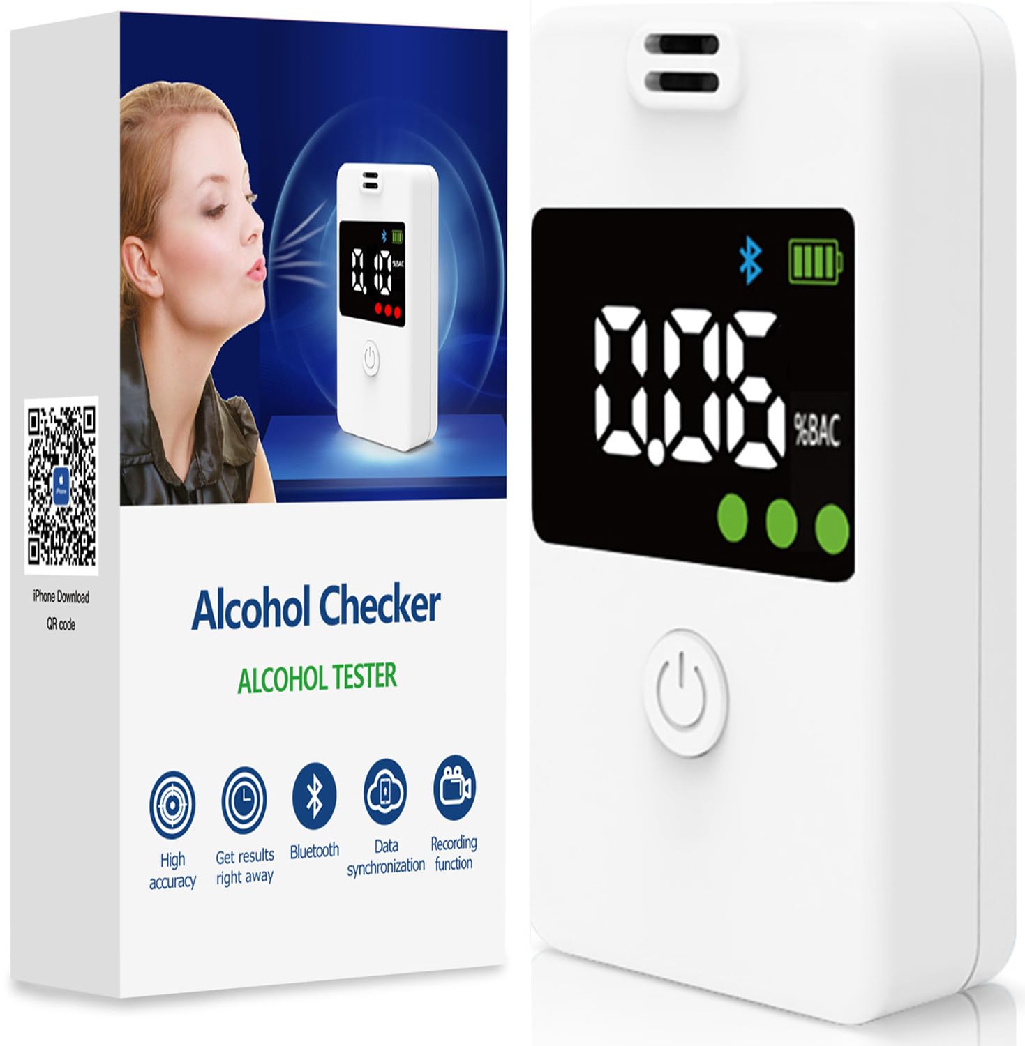 Professional Portable Alcohol Breathalyzer Tester with Bluetooth & Memory Function - High Accuracy Digital Breath Analyzer for Home, Party & Personal Use - White