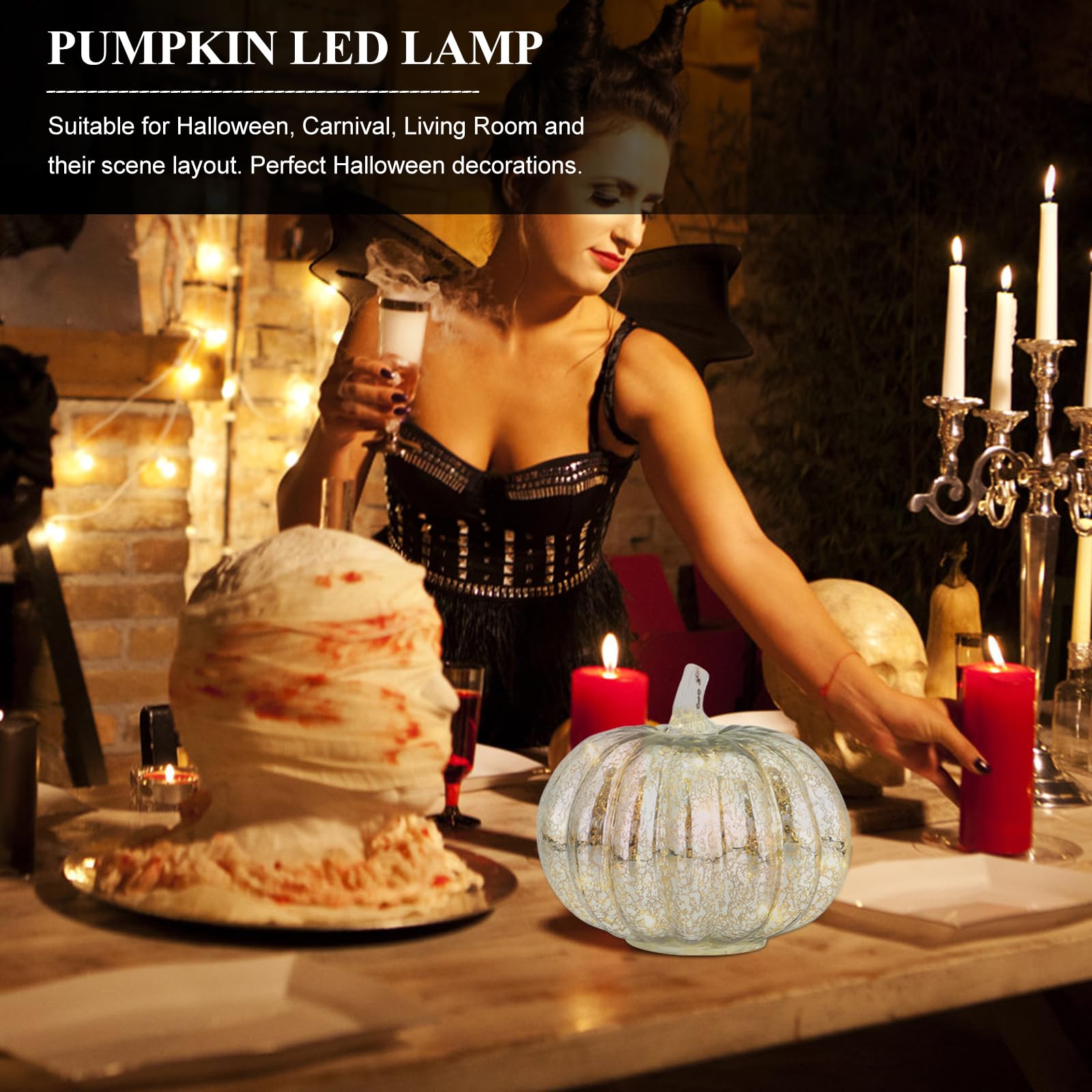 Silver Halloween Pumpkin LED Table Lamp - Glass Fall Decor for Home, Party & Office (Battery Not Included) | Perfect for Halloween Decorations, Thanksgiving Centerpiece & Cozy Autumn Ambiance