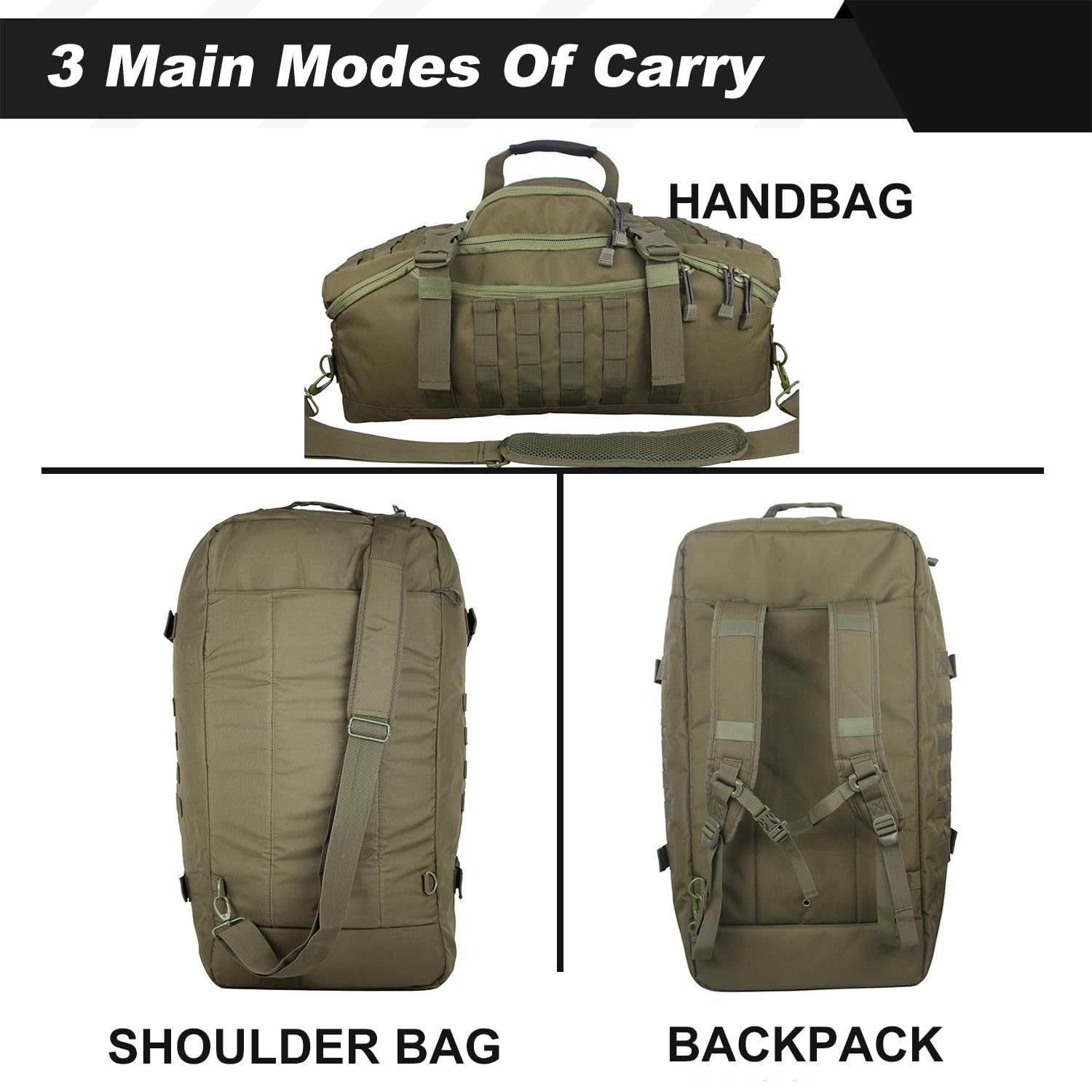 3 in 1 Military Tactical Backpack - Durable Waterproof Travel Duffle Bag for Camping, Hiking, Gym & Workout - Perfect for Weekender Trips, Deployment & Outdoor Adventures