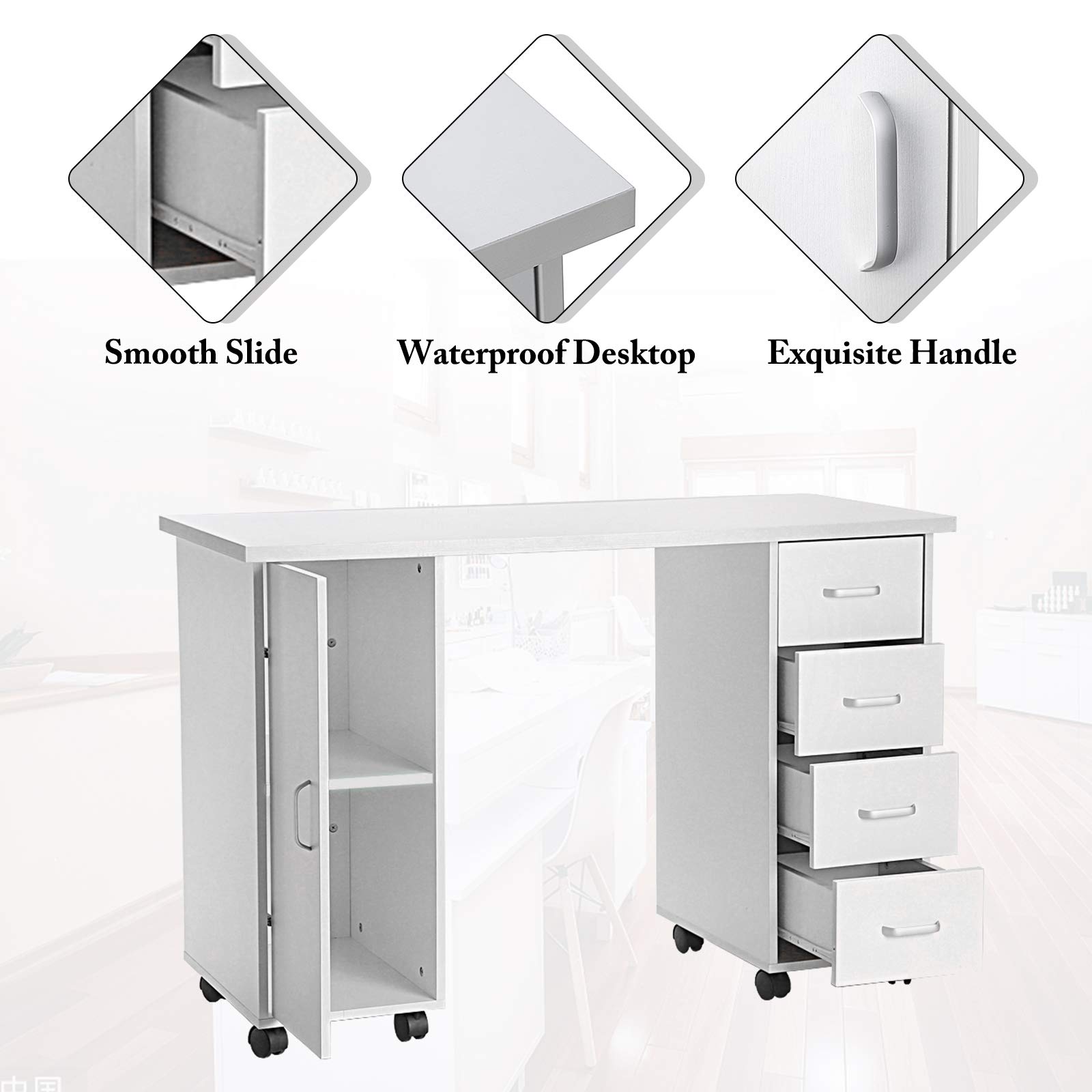 Professional Double-Sided Manicure Nail Spa Table with 4 Drawers & Cabinet - White Wooden Nail Art Technician Workstation for Salon & Home Beauty Business - Perfect for Nail Technicians, Spa Professionals & DIY Nail Enthusiasts
