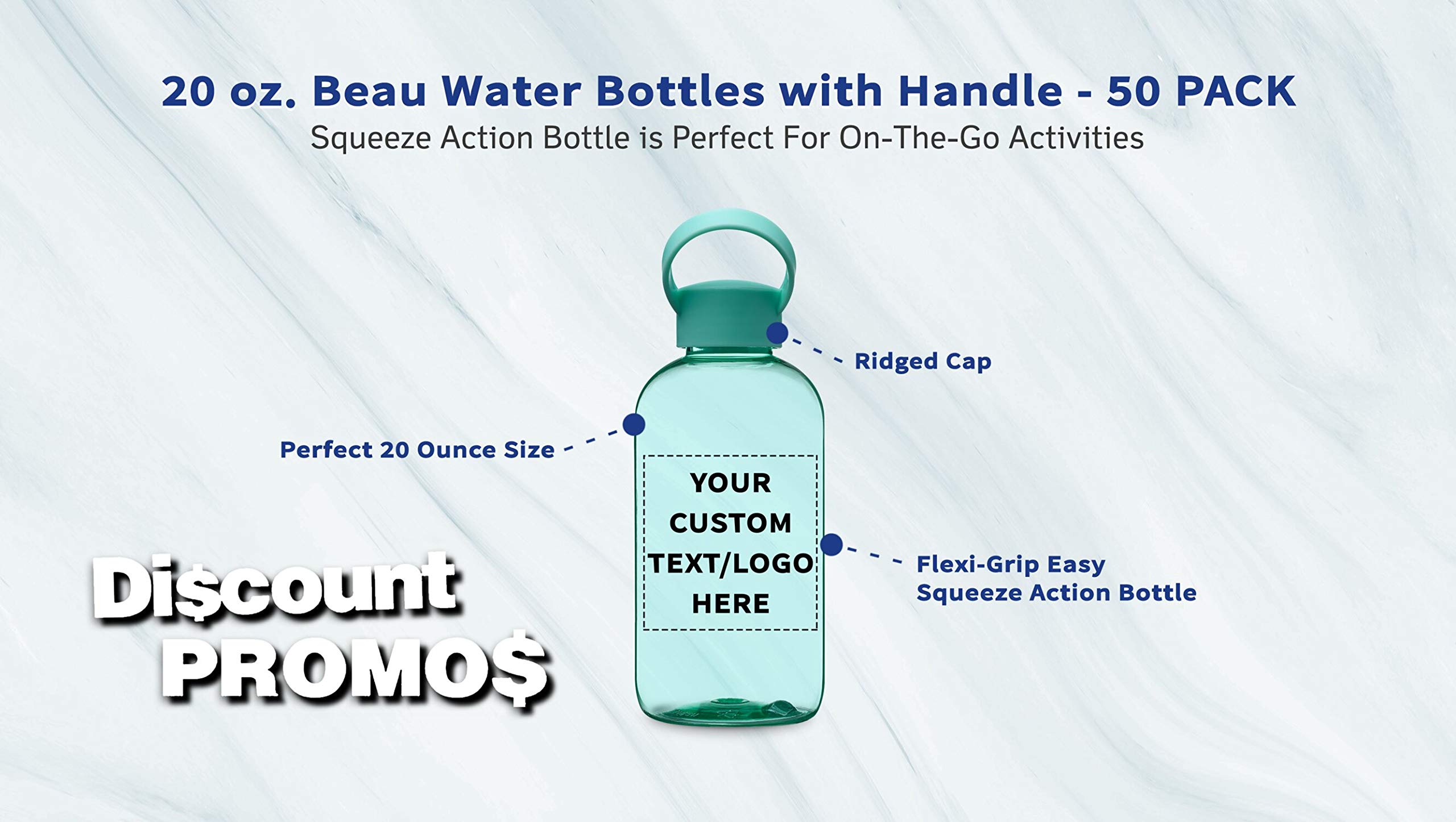 50 Pack Customizable 20 oz Plastic Water Bottles with Handle - Flexi-Grip Design, Bulk Drinkware for Schools, Gyms & Events - Mint Green (Text/Logo Printing Available)