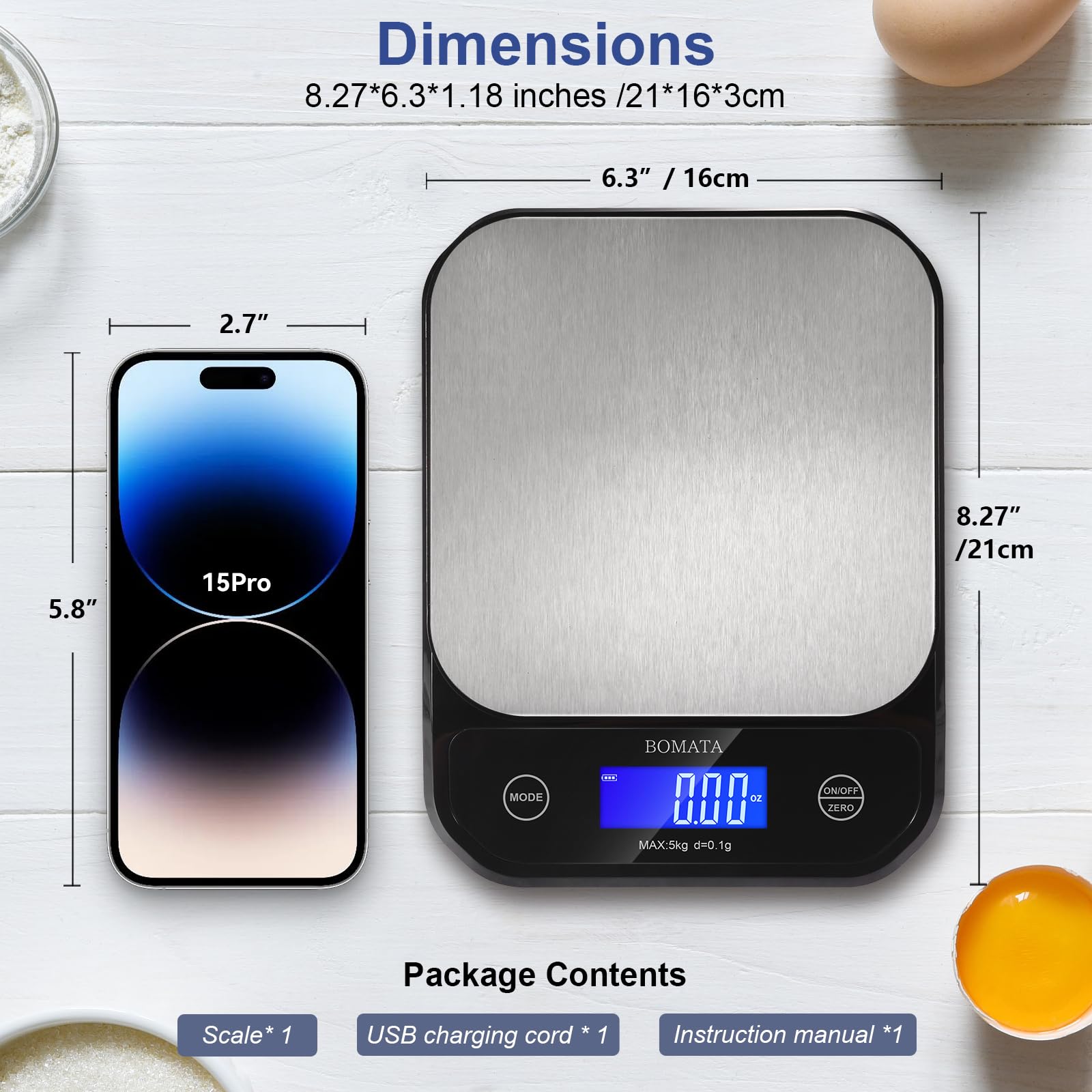 BOMATA Digital Kitchen Scale - 0.1g/0.01oz High Precision, 5kg/11lb Capacity, Waterproof & Washable, USB Rechargeable - Perfect for Food Measuring, Cooking, Baking, Weight Loss & Meal Prep