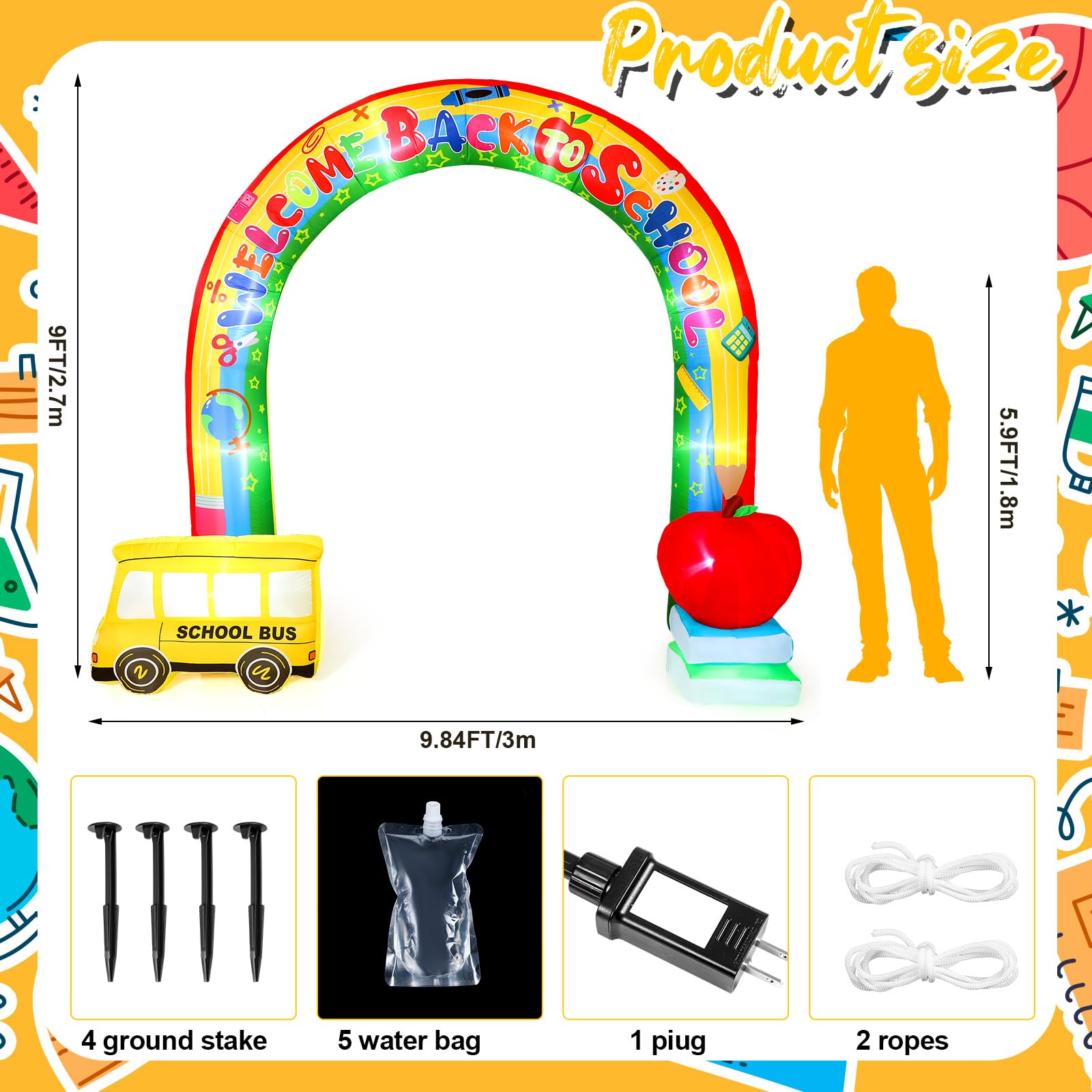 Shappy 9ft Inflatable Welcome Back to School Arch with Built-in LED Lights - Rainbow & School Bus Design for Outdoor Yard Decorations | Perfect for First Day of School Parties, Classroom Celebrations & Backyard Decor