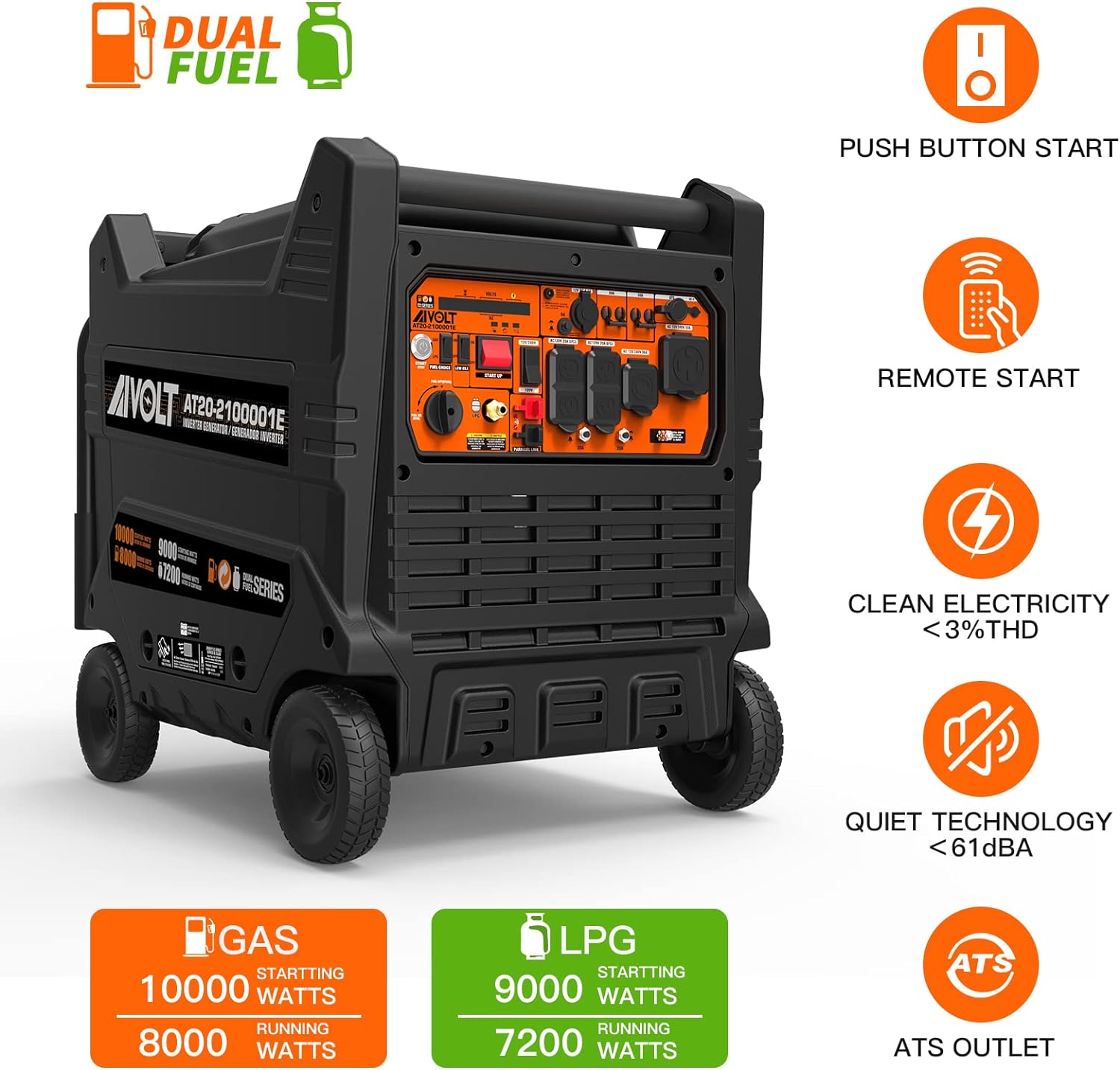 Aivolt 8000W/10000W Dual Fuel Inverter Generator with 50 Amp Output & Remote Electric Start - Portable Power for Camping, RV Trips & Home Backup