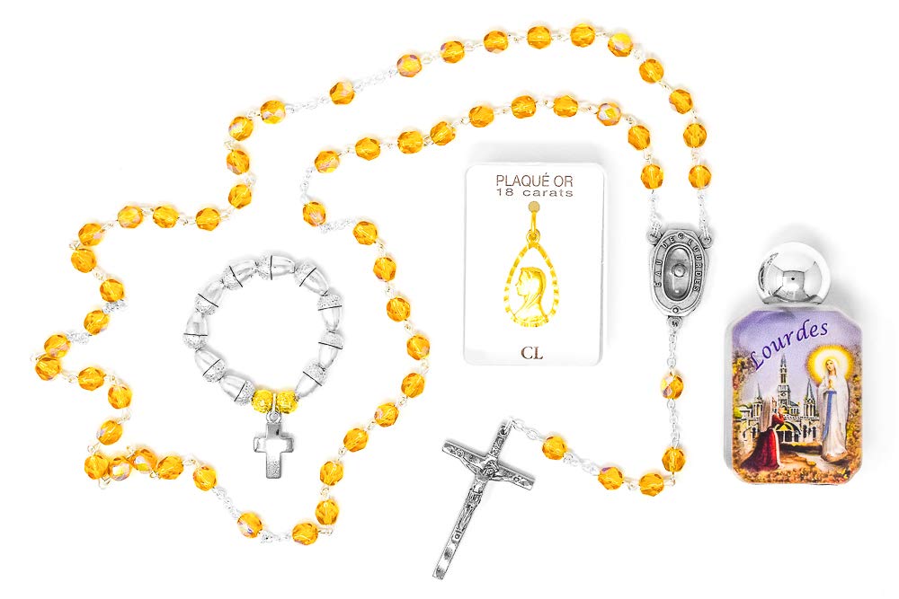 Catholic Gift Set for Women - Virgin Mary Gold Pendant Necklace, Bohemian Crystal Rosary Beads, Lourdes Holy Water Bottle & Acorn Rosary Ring | Religious Jewelry, Baptism, First Communion, Confirmation Gifts