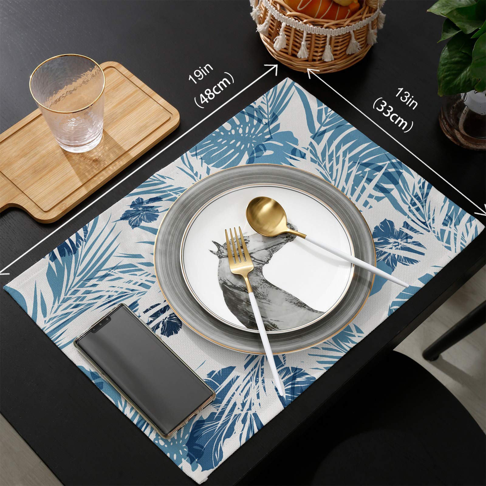 Tropical Blue Palm Leaf Cotton Linen Placemats Set of 4 - Heat Resistant, Non-Slip & Washable Table Mats for Dining Table Decor, Kitchen, Holiday Banquet - Perfect for Beach House, Summer Parties & Boho Home Decor