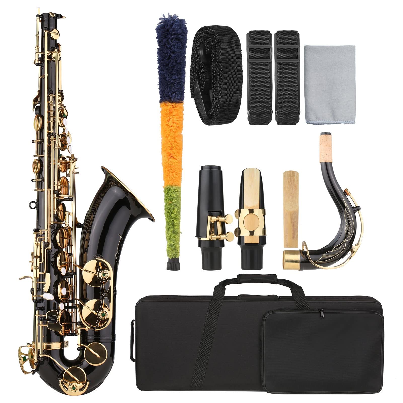 B-Flat Tenor Saxophone Bb Black Lacquer - Complete Beginner Sax Kit with Case, Mouthpiece, Reeds, Neck Strap, Cleaning Cloth & Brush - Perfect for Jazz, Band Practice & School Performances