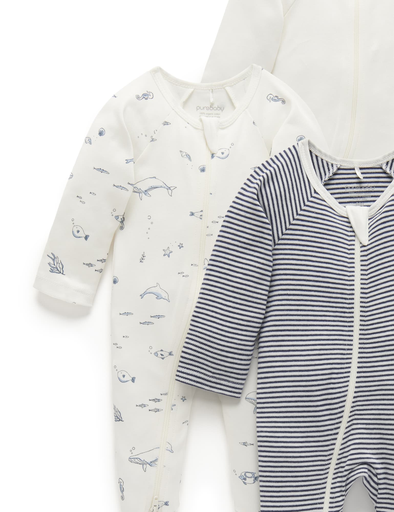 Purebaby Organic Zip Growsuit 4 Pack - Vanilla Nautical Print Baby Romper for Newborns & Infants | Soft Cotton Onesies for Daycare, Playtime & Sleepwear