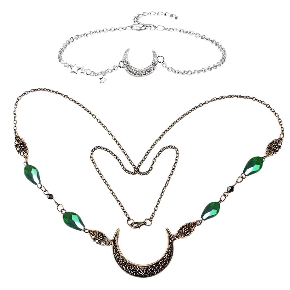 2Pcs Moon Headpiece & Star Bracelet Set - Fairy Crown Hair Chain Witch Jewelry for Women with Gift Box | Perfect for Halloween Costumes, Cosplay, Fantasy Parties and Boho Festival Accessories