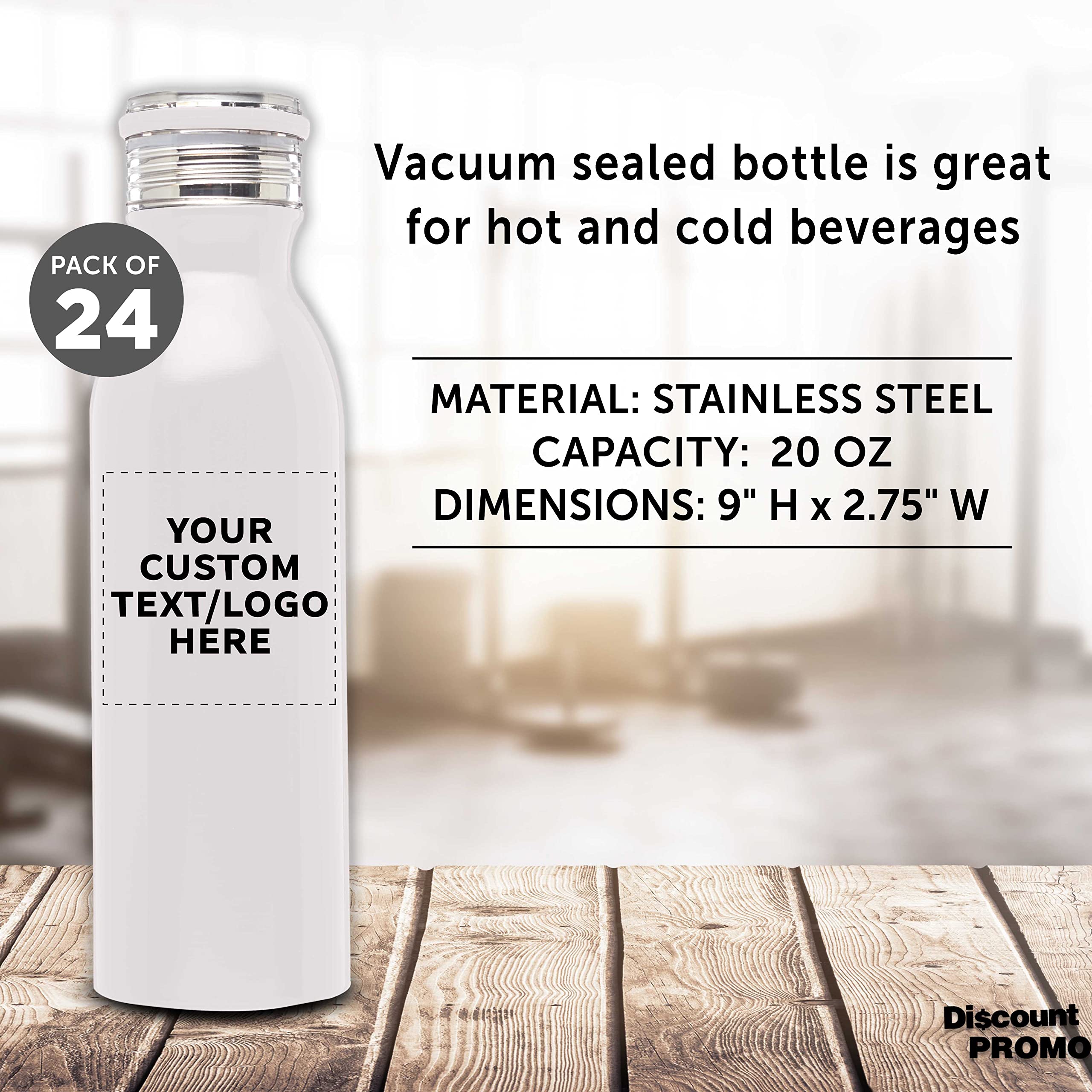 Echo 20 oz Custom Stainless Steel Water Bottles - Double Wall Insulated Bulk Pack of 24 - Personalized for Coffee, Tea, Soda & Cold Drinks - Perfect for Office, Gym, School & Outdoor Activities - White