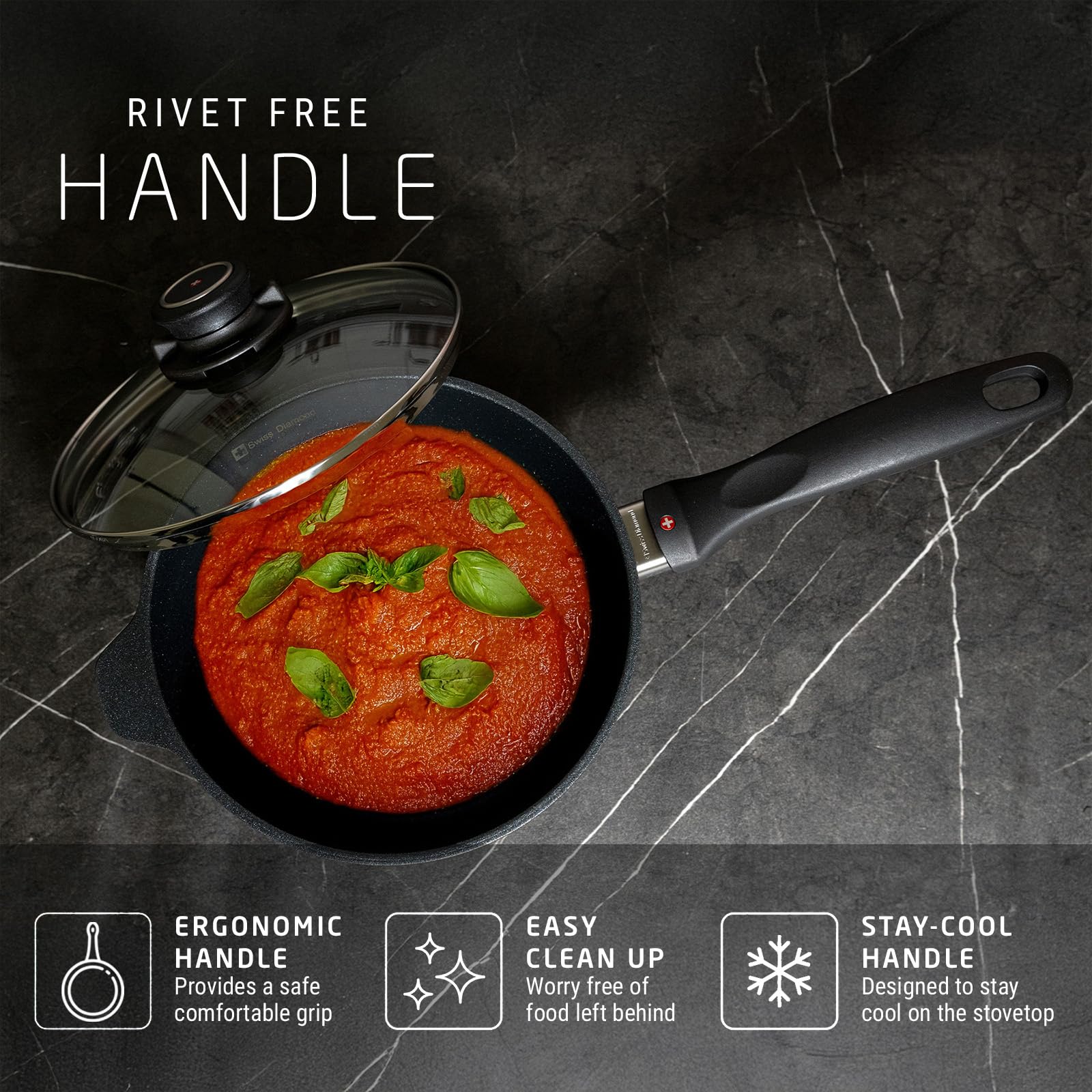 Premium Swiss Diamond Sauce Pan with Lid - 7 Inch 2.2 Quart Diamond-Coated Nonstick Aluminum Cookware with Ergonomic Stainless Steel Handle | Oven & Dishwasher Safe (Grey) | Perfect for Sauces, Stews, and Everyday Cooking