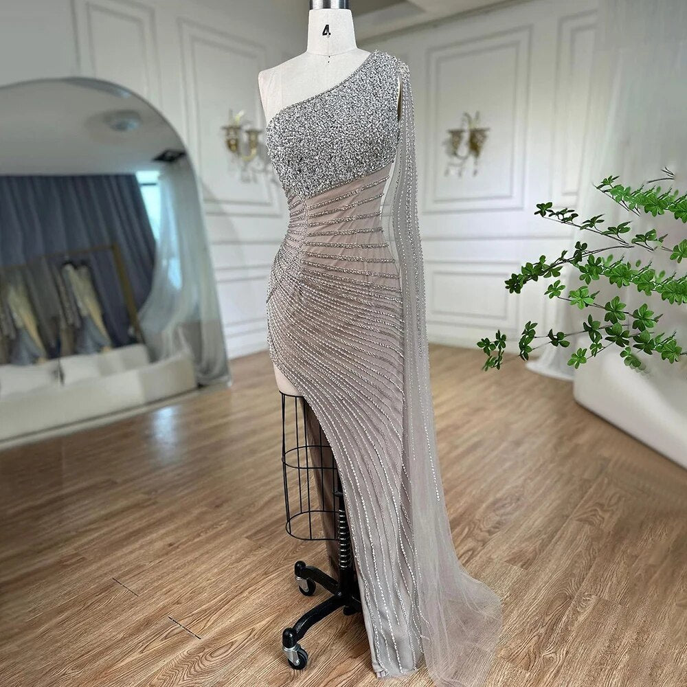 Serene Hill Lilac Mermaid Elegant One Shoulder Sexy High Slit Beaded Evening Dress Gown 2025 for Women - Perfect for Weddings, Prom, Cocktail Parties & Formal Events