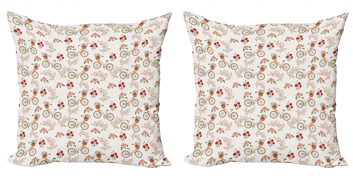 Ambesonne Floral Decorative Throw Pillow Covers Pack of 2 - Vintage Bicycle & Flower Basket Design with Love Birds - 20