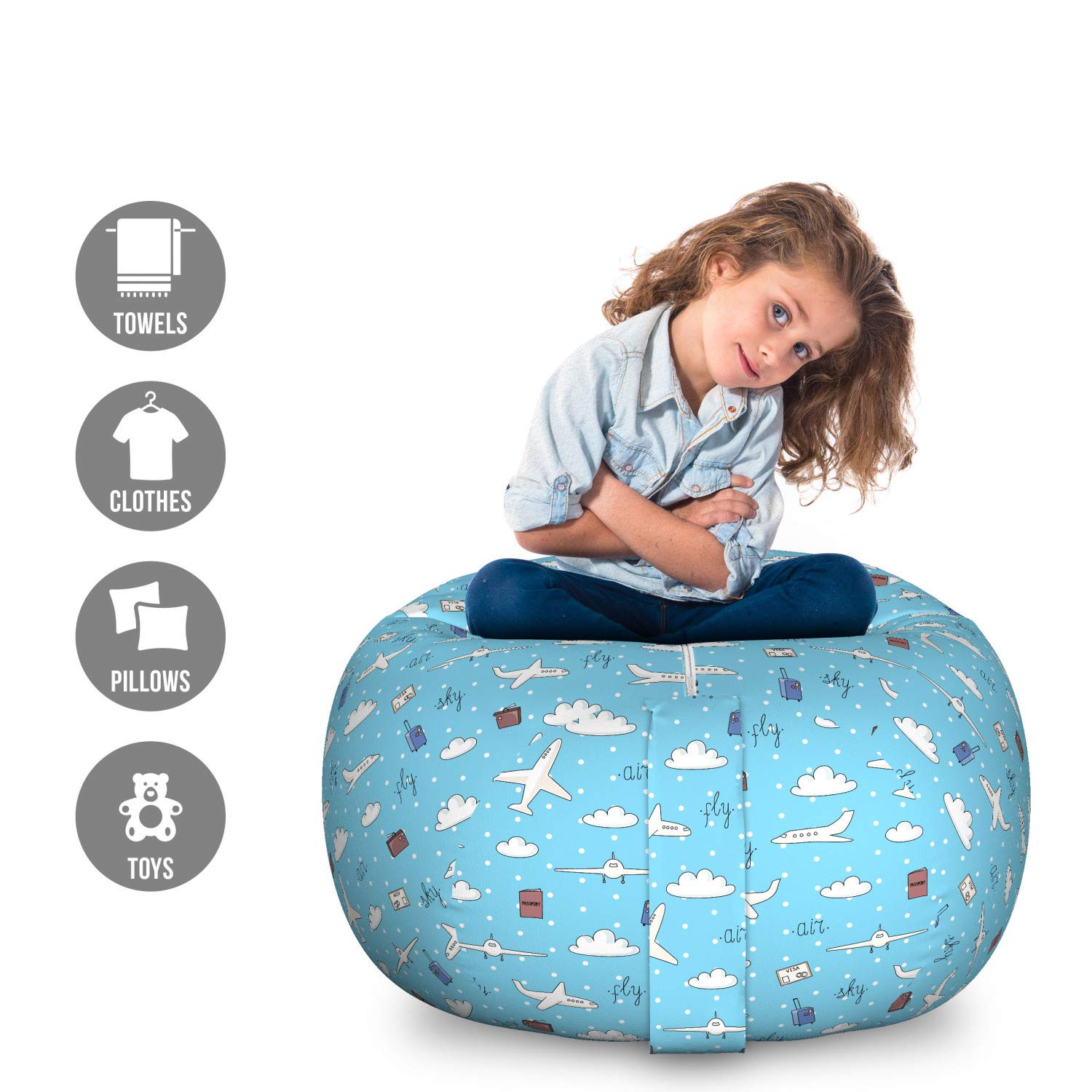 Ambesonne Airplane Themed Storage Bag Chair - Large Washable Toy Organizer with Repeating Plane & Luggage Pattern - Sky Blue Multicolor for Kids' Room, Playroom & Travel Use