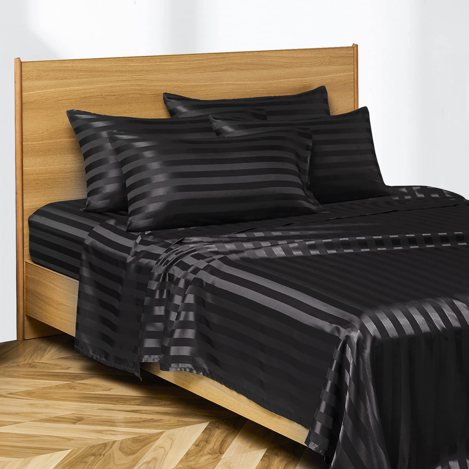 Candoury 6-Piece Queen Size Satin Bedding Set - Soft Silky Pillowcases, Flat & Fitted Sheets - Hypoallergenic Stain Resistant Black Striped Bed Sheets for Luxurious Sleep & Hotel-Style Comfort