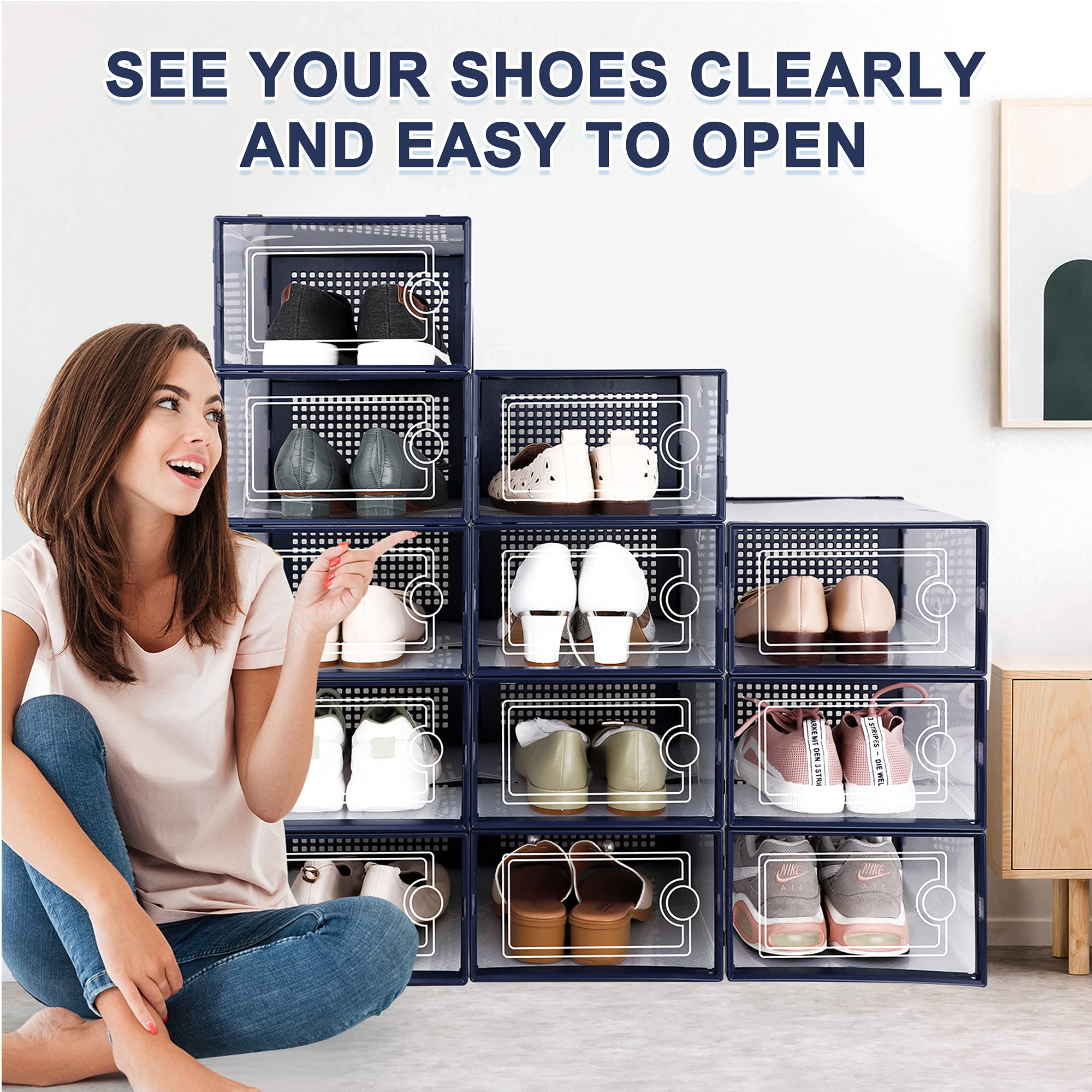 Kuject 12 Pack Clear Plastic Stackable Shoe Storage Boxes with Lids - Under Bed Shoe Organizers for Closet, Entryway & Bedroom - Drop Front Design Fits Women's Size 10 Shoes (Blue) - Perfect for Small Space Organization & Shoe Collection Display