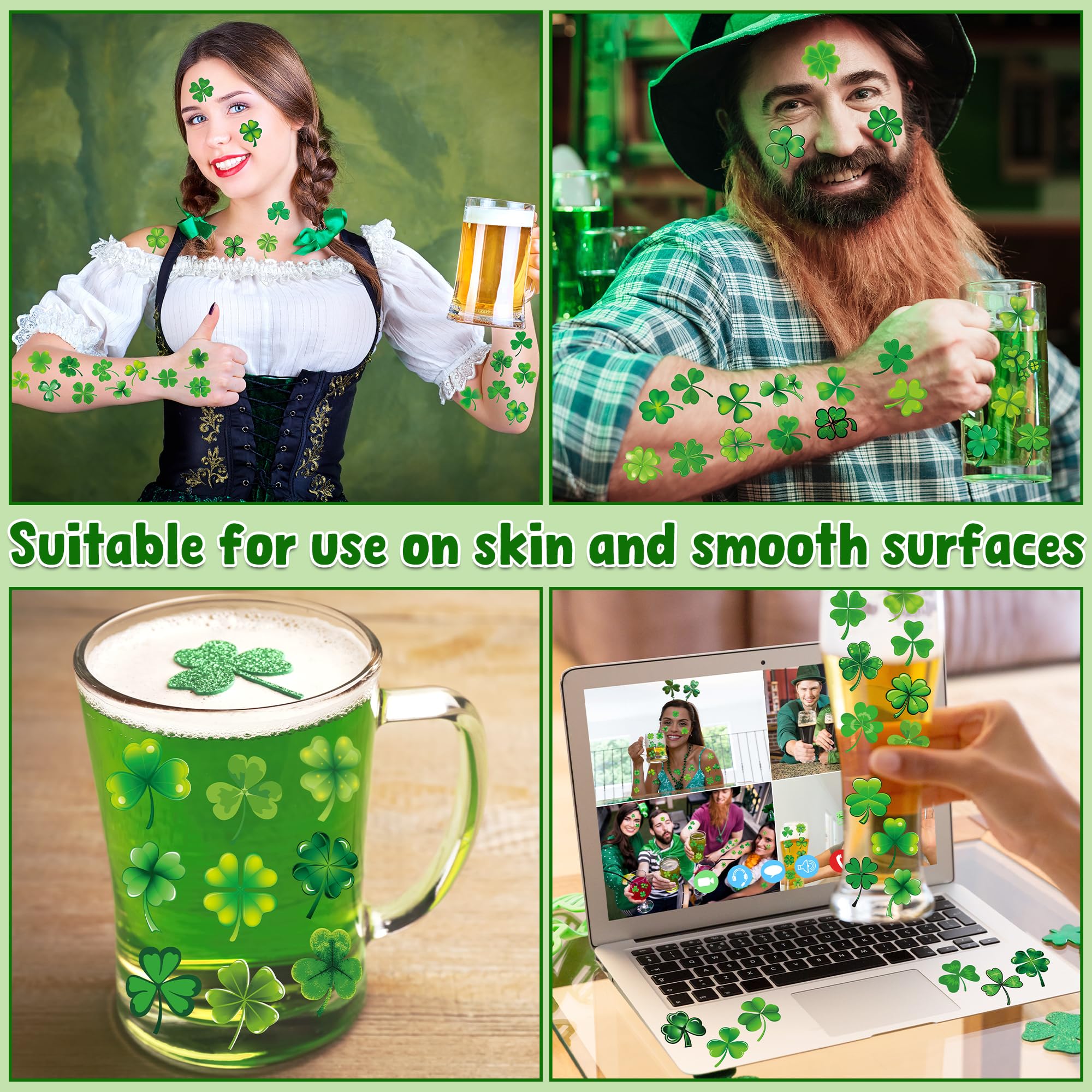 100 PCS St Patrick's Day Temporary Tattoos - 4 Sheets Green Shamrock Tattoos for Kids & Adults | Waterproof Party Favors & Accessories | Perfect for St Patrick's Day Celebrations, Parades & Festivals