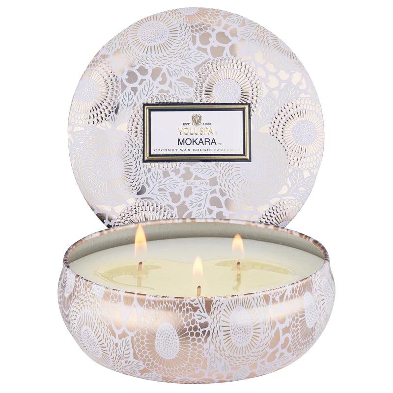 Mokara 3-Wick Scented Soy Candle in Decorative Tin - Long-Lasting Fragrance for Home, Relaxation & Gifts | Perfect for Living Room, Bedroom & Spa Ambiance