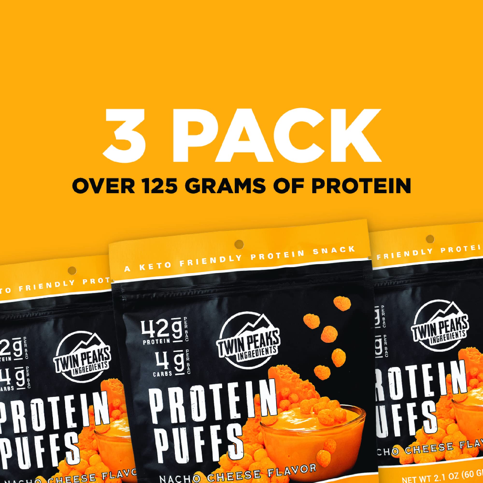 Twin Peaks Low Carb Keto Protein Puffs - Nacho Cheese Flavor (3 Pack, 60g Total, 42g Protein, 4g Net Carbs) | High Protein Snack for Weight Loss & Keto Diet | Perfect for Office, Gym & Movie Nights