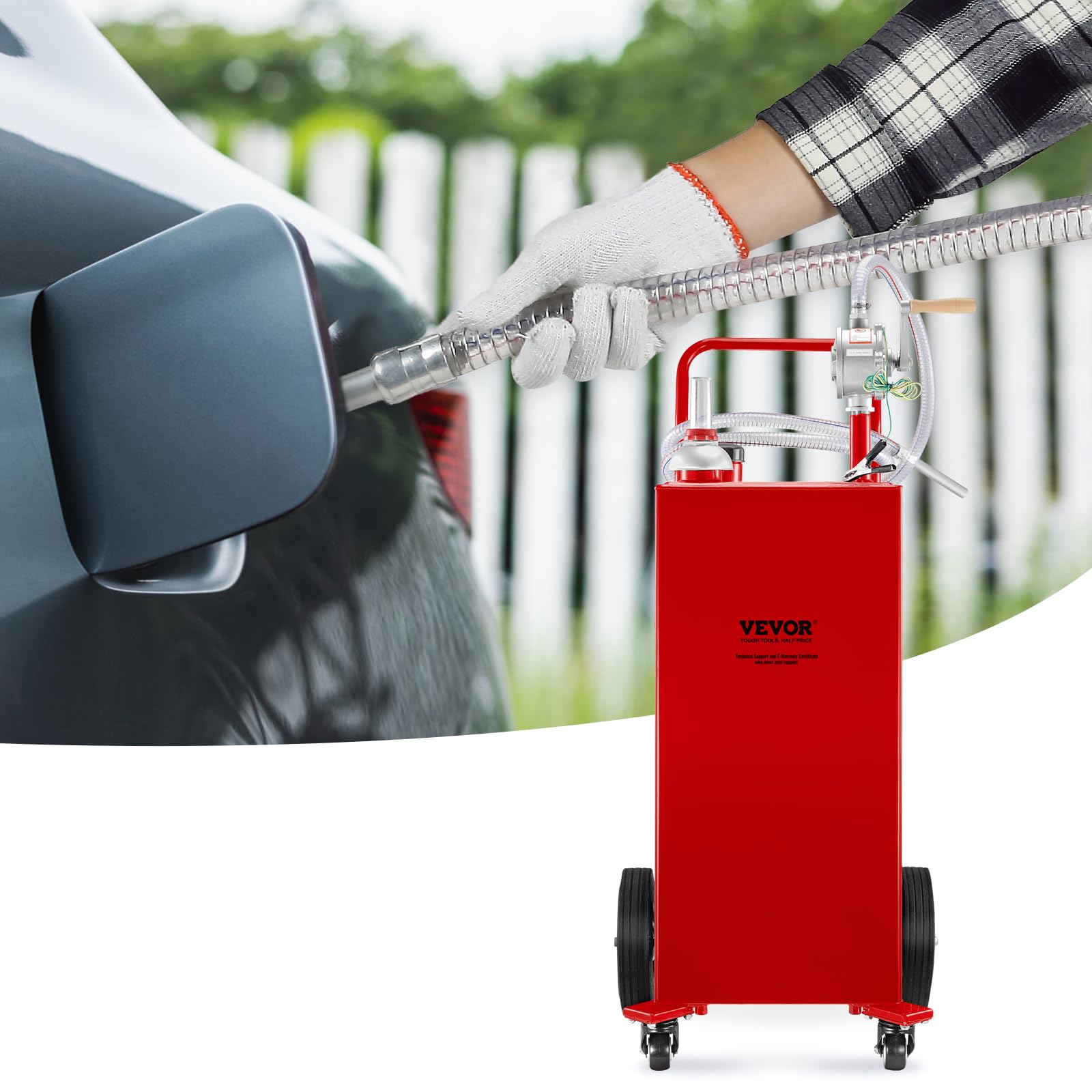 VEVOR 30 Gallon Fuel Caddy with Manual Transfer Pump - Portable Gasoline & Diesel Storage Tank on 4 Wheels - Heavy Duty Fuel Container for Cars, Lawn Mowers, ATVs, Boats, Generators - Ideal for Home, Farm & Worksite Use