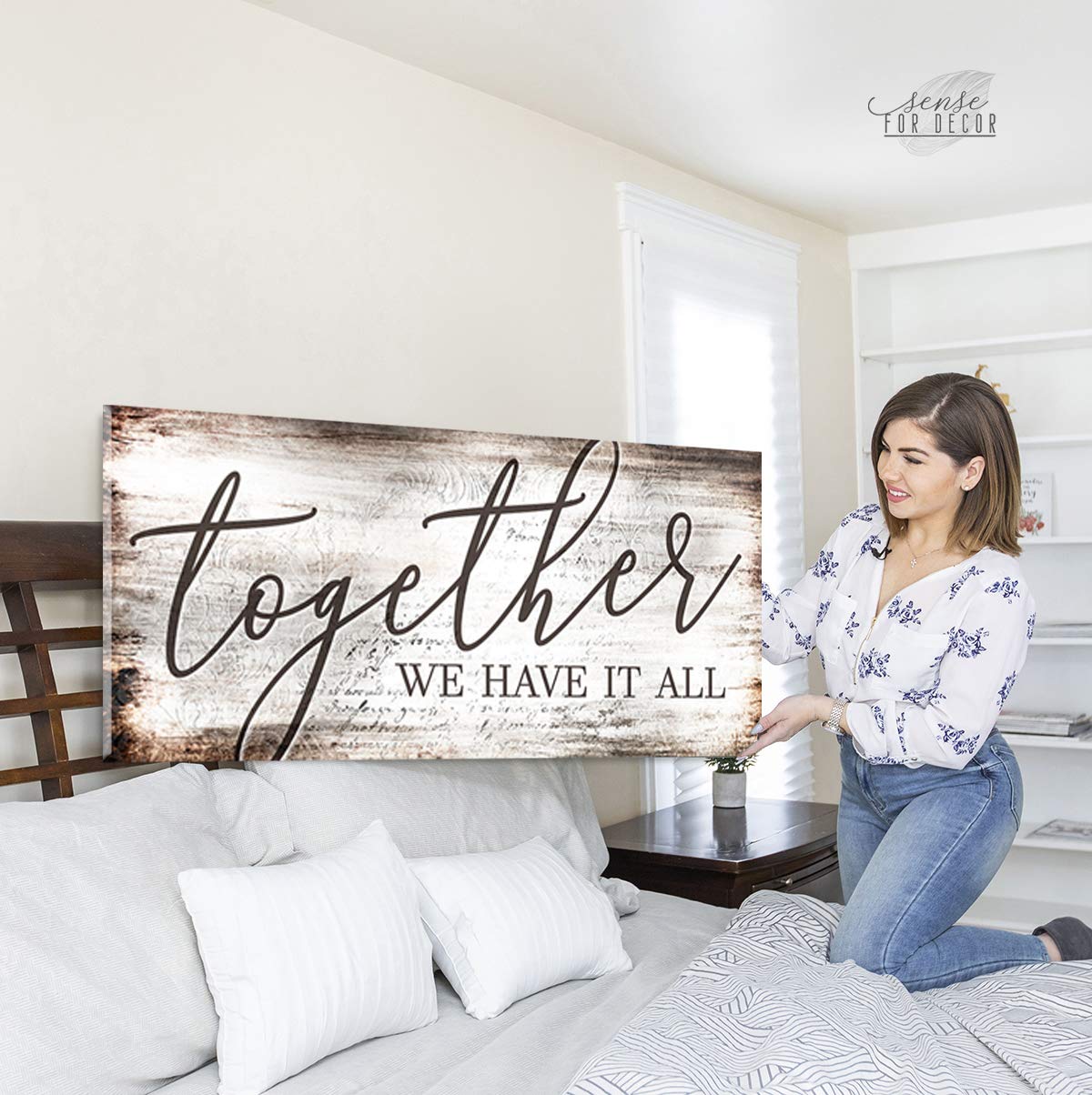 Together We Have It All Sign - Romantic Wooden Wall Art for Couples, Wedding Gift & Bedroom Decor (Brown, 60x27 in) - Perfect for Anniversary, Valentine's Day & Newlywed Home Decor