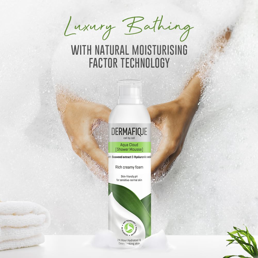 Dermafique Aqua Cloud Shower Mousse - 200ml Hydrating Body Wash for Women & Men with Seaweed Extracts & Hyaluronic Acid | Rich Foam, NMF Technology | Sensitive & Normal Skin | Dermatologist Tested | Perfect for Daily Shower & Spa Relaxation