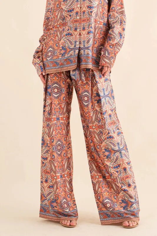Women's Satin Paisley Print High-Waist Ribbon Pants - Elegant Lounge Pants for Home, Office & Special Occasions