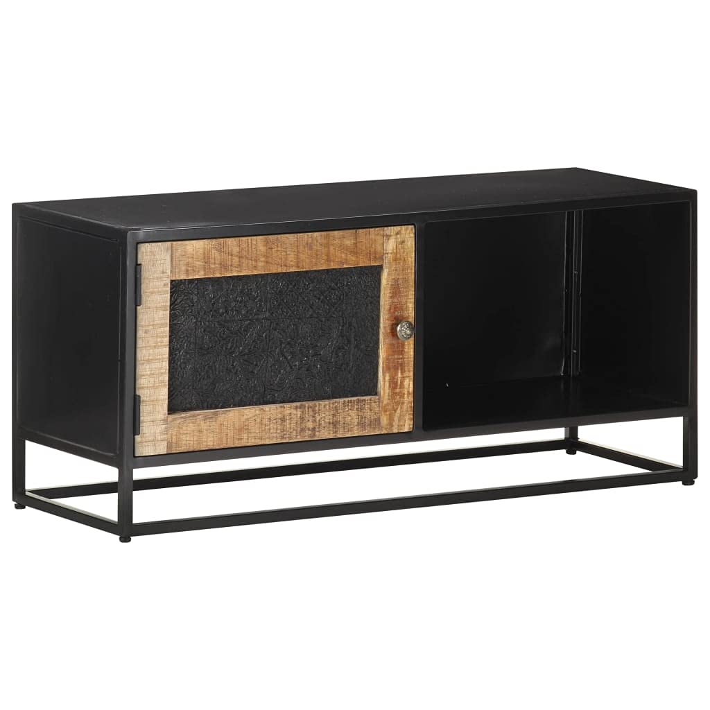 Modern Farmhouse Double Door TV Stand - Rustic Mango Wood Entertainment Center with Storage Shelves, 35.4