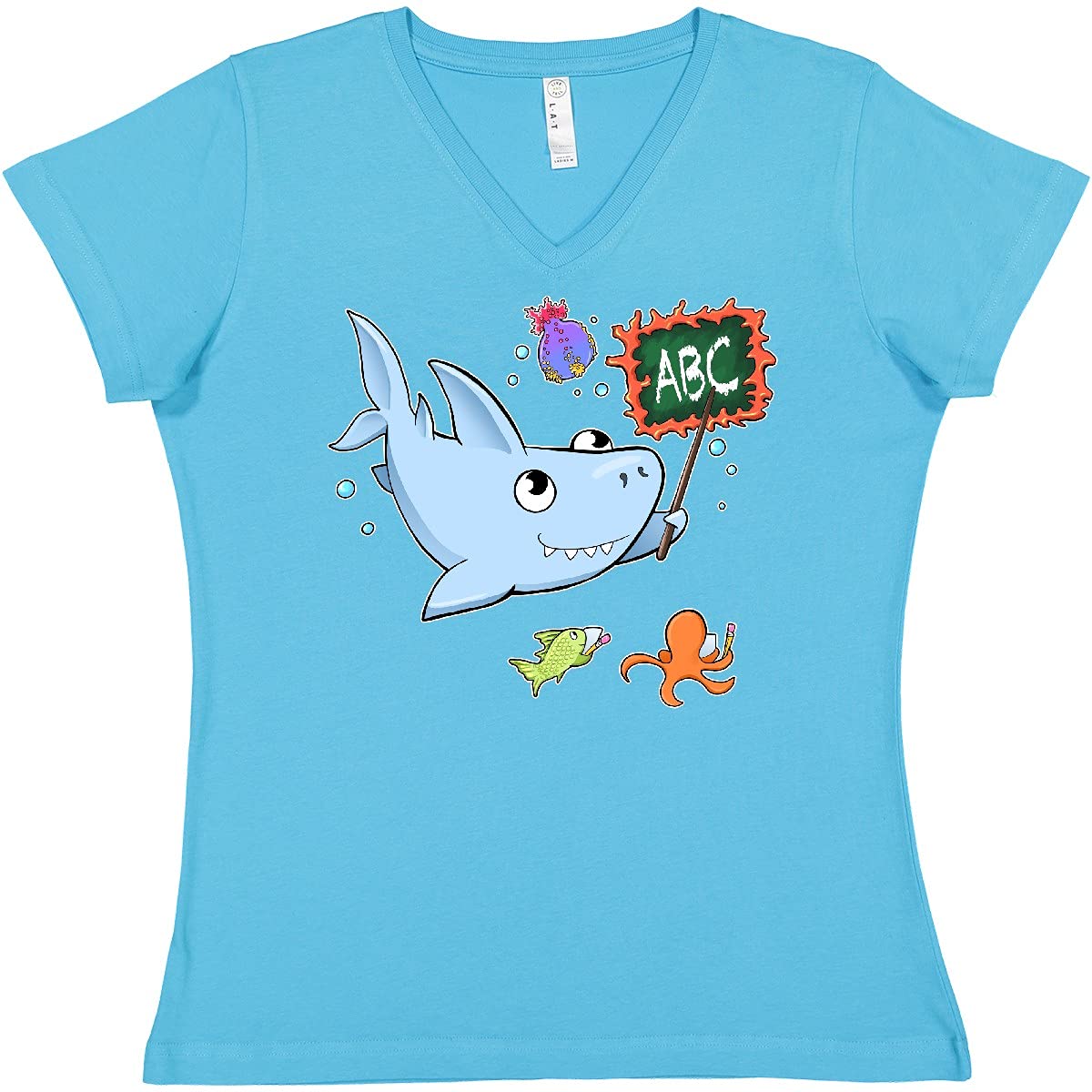 Inktastic Teacher Shark with School of Fish Women's V-Neck T-Shirt - Funny Teacher Apparel for Women, Perfect for Classroom, School Events & Teacher Gifts