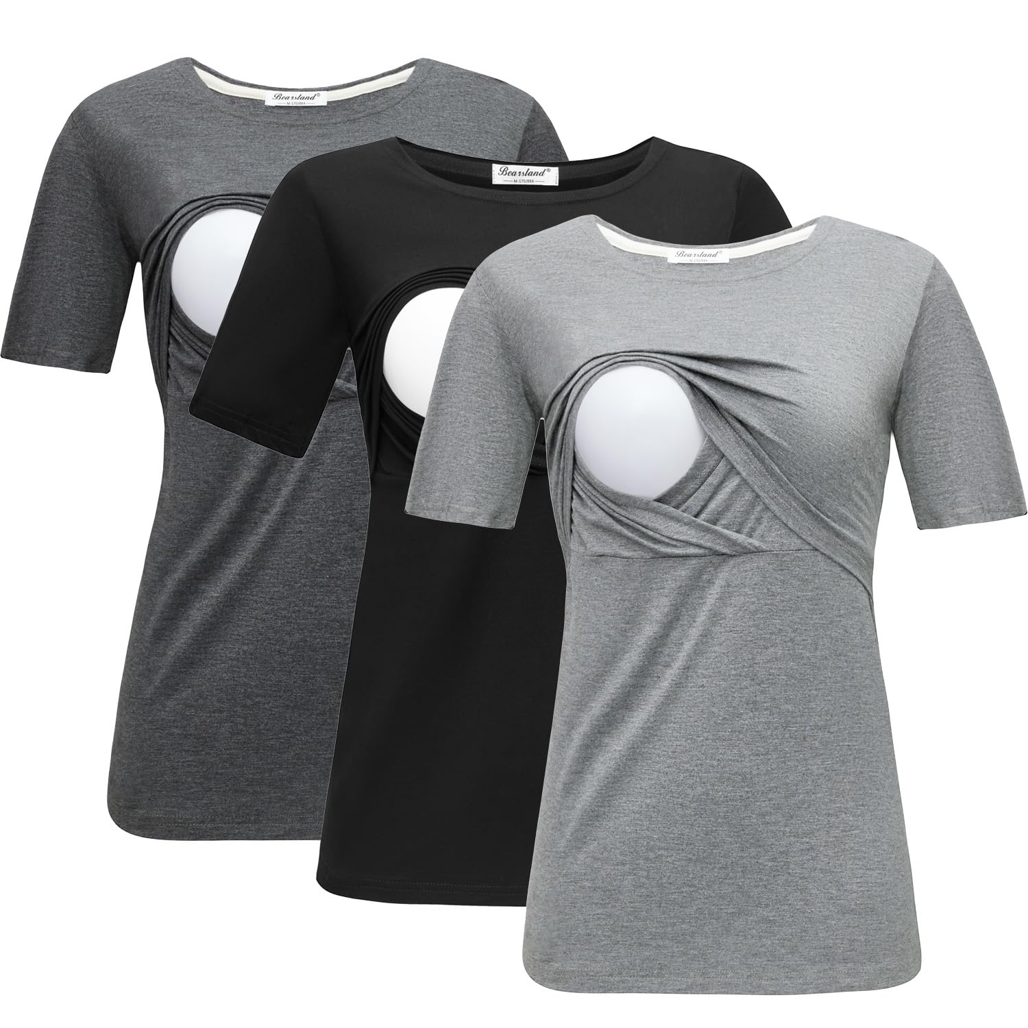 Bearsland Women's 3 Pack Maternity Nursing Tops - Soft Short Sleeve Breastfeeding Shirts for Nursing Mothers | Comfortable & Stylish for Pregnancy, Postpartum & Everyday Wear