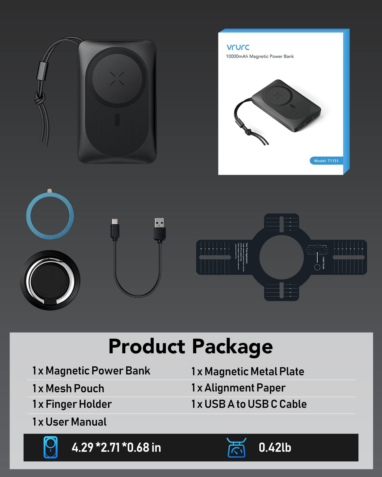VRURC 10000mAh Magnetic Wireless Portable Charger - PD 20W Fast Charging Power Bank with USB-C & Finger Holder for iPhone 15/14/13/12 Pro/Pro Max/Plus/Mini - Perfect for Travel, Work & Outdoor Activities (Black)