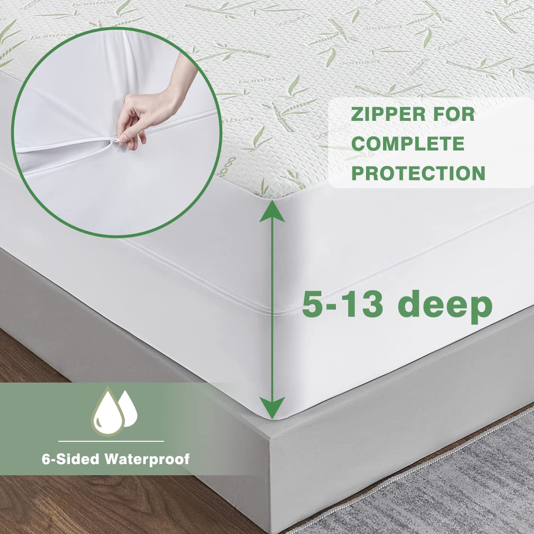 Parkdeny Full Mattress Protector - Waterproof & Cooling Bamboo Rayon Cover with 3D Air Fabric | Breathable, Noiseless, Washable | Fits 5-13