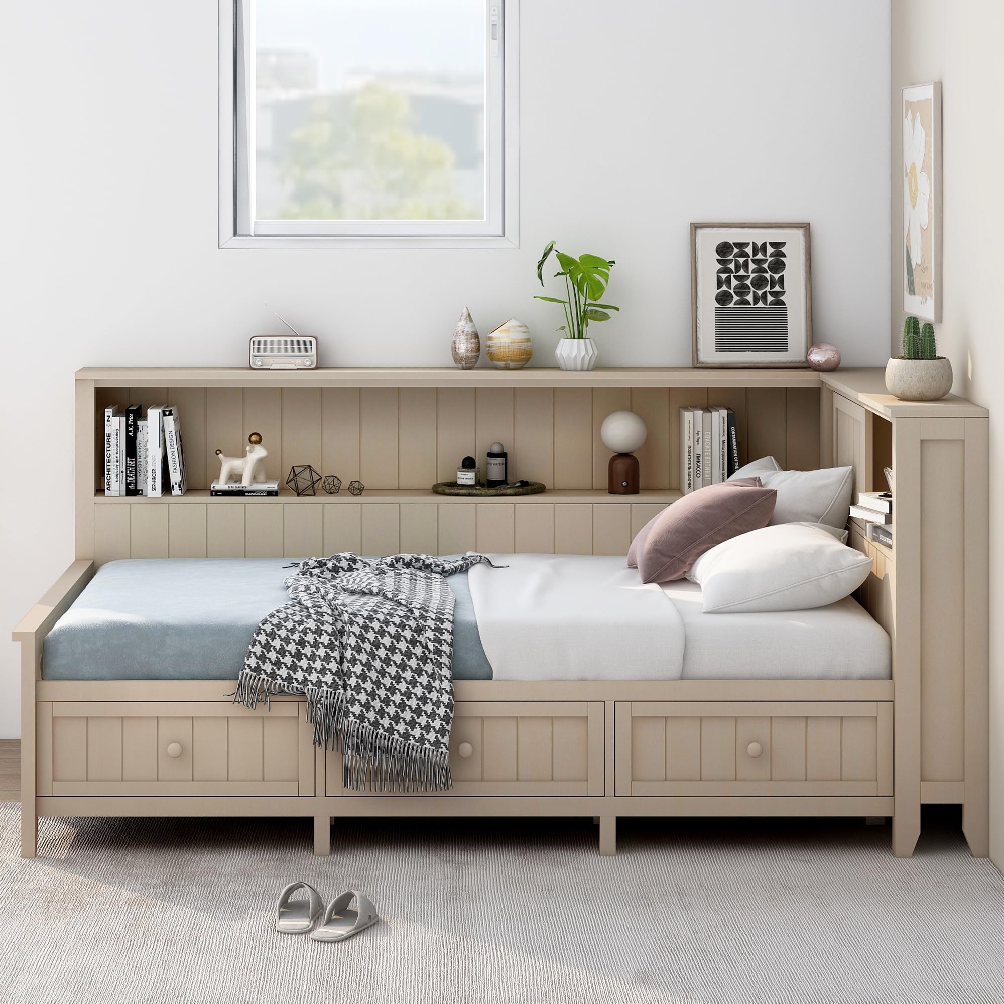 HABITRIO Twin Size Daybed Frame with Storage Shelves & 3 Drawers - Solid Wood Platform Bed with Antique White Finish - Perfect for Guest Rooms, Kids' Bedrooms & Small Spaces