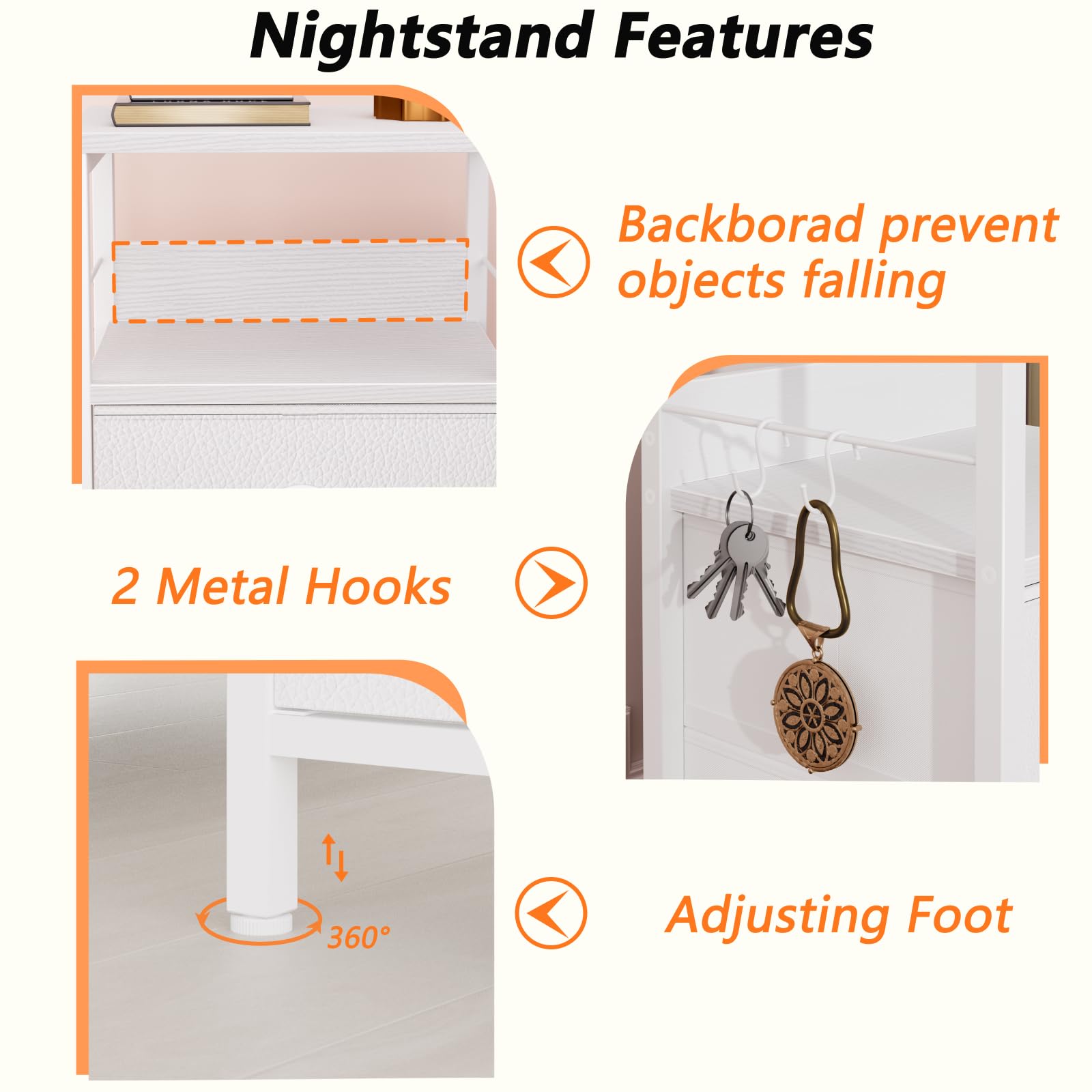 Furologee Nightstand Set of 2 - Modern End Tables with 2 Fabric Drawers & Hooks, Wood Shelf Side Table for Bedroom, Living Room, Hallway - White | Perfect for Small Spaces, Apartment Decor & Storage Solutions