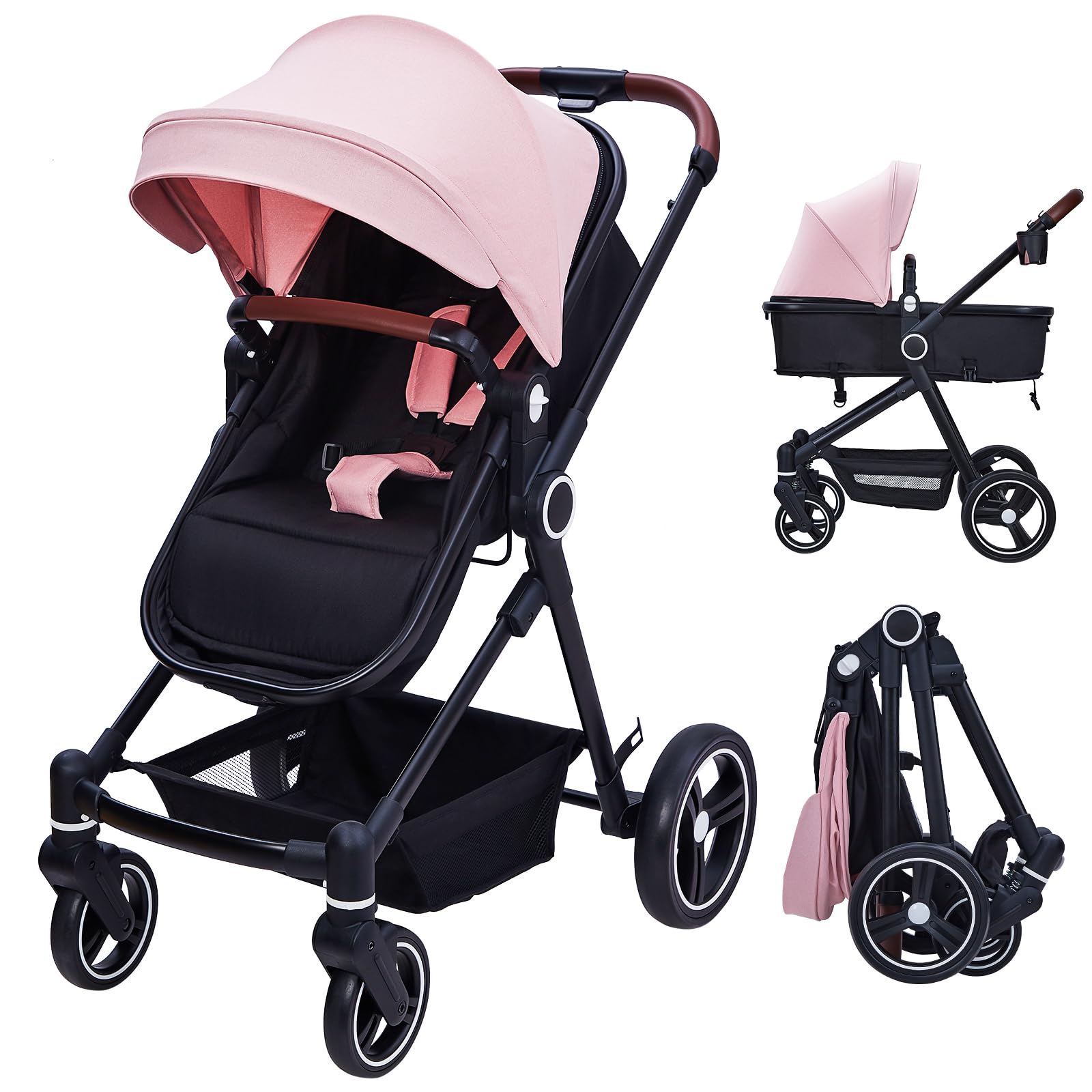 Convertible Baby Stroller with Bassinet Mode - Lightweight Foldable Aluminum Alloy Stroller for Newborns & Infants | Adjustable Reclining Seat & Shock Absorption | Perfect for Travel, Shopping & Outdoor Walks (Pink)