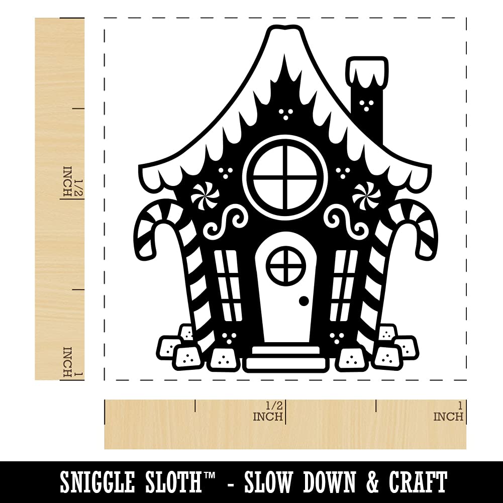 Gingerbread House with Peppermint & Gumdrops Christmas Self-Inking Rubber Stamp - 1 Inch Small Blue Ink Stamper for Holiday Cards, Gift Wrapping & DIY Crafts