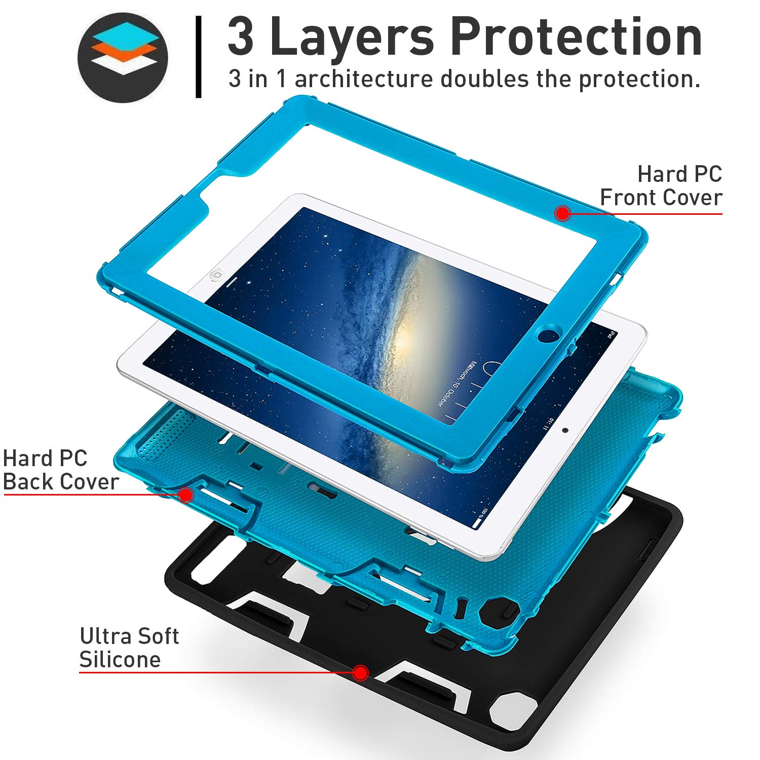 AICase Rugged Hybrid 3-Layer Protective Case with Kickstand & Stylus for iPad 2/3/4 - Shockproof Heavy Duty Armor Cover (Black+Light Blue) | Perfect for Work, Travel & Outdoor Adventures