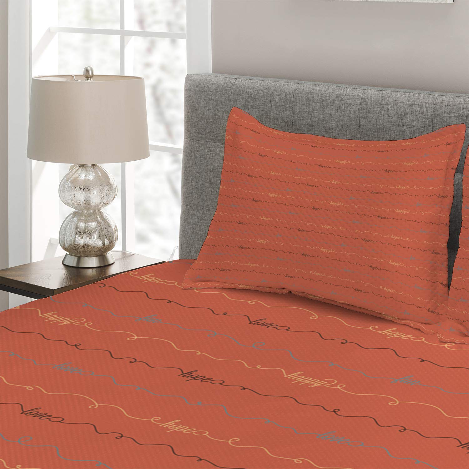 Ambesonne 3-Piece King Size Quilted Bedspread Set with 2 Pillow Shams - Dark Coral & Brown Inspirational 'Hope Love Happy' Lettering Design | Elegant Bedroom Decor for Master Suite or Guest Room
