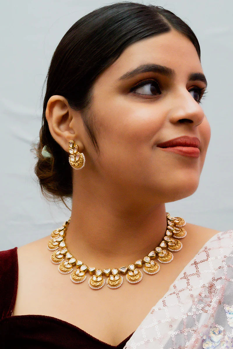 Exquisite Gold Plated Royal Kundan Necklace Set with Matching Earrings | Indian Bridal Jewelry for Weddings, Parties & Special Occasions