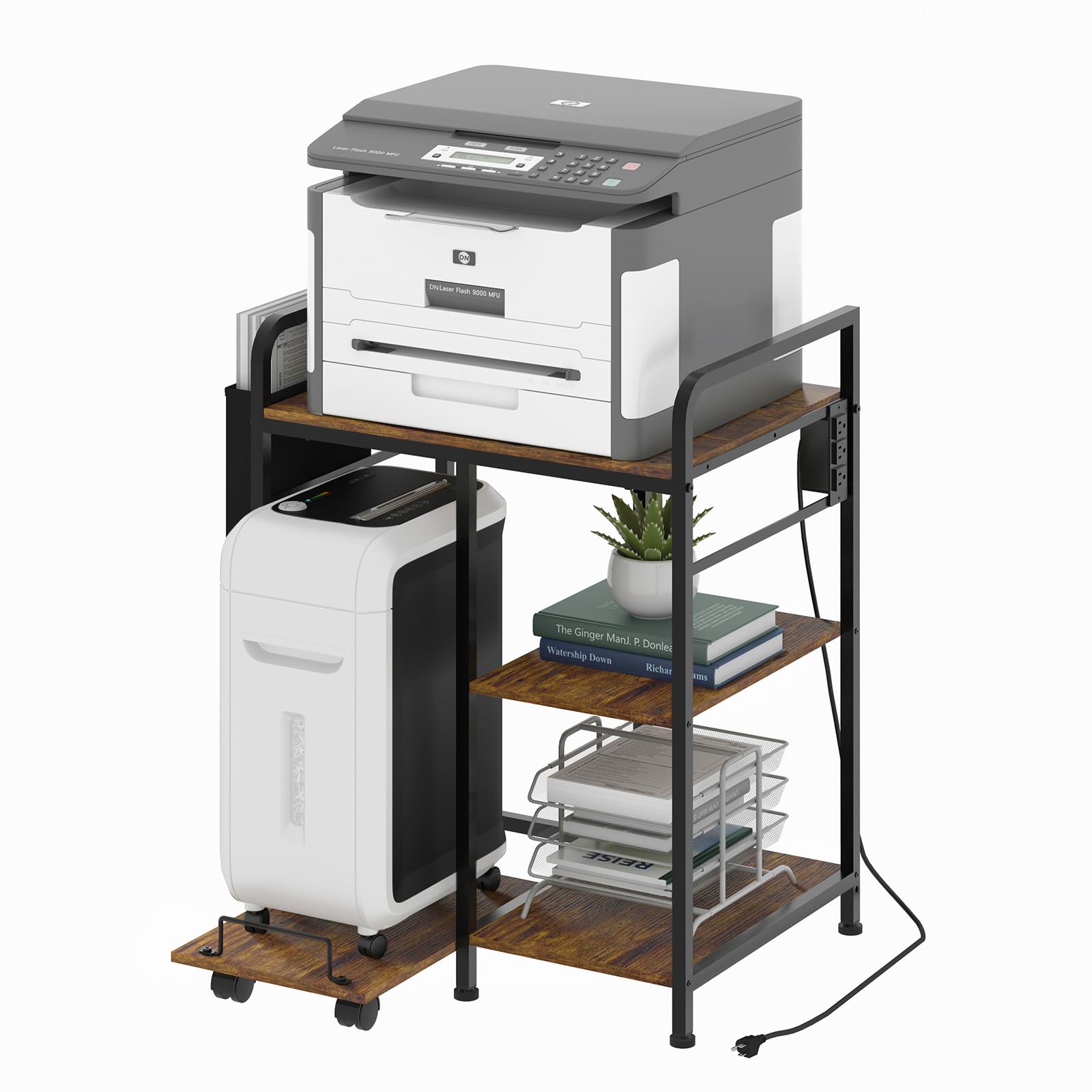 24x18 Inches Home Printer Stand with Charging Station - Large Printer & Shredder Stand with Storage Shelf - Rustic Brown Office Desk Organizer for Fax Machine, PC Tower - Perfect for Home Office Workspace