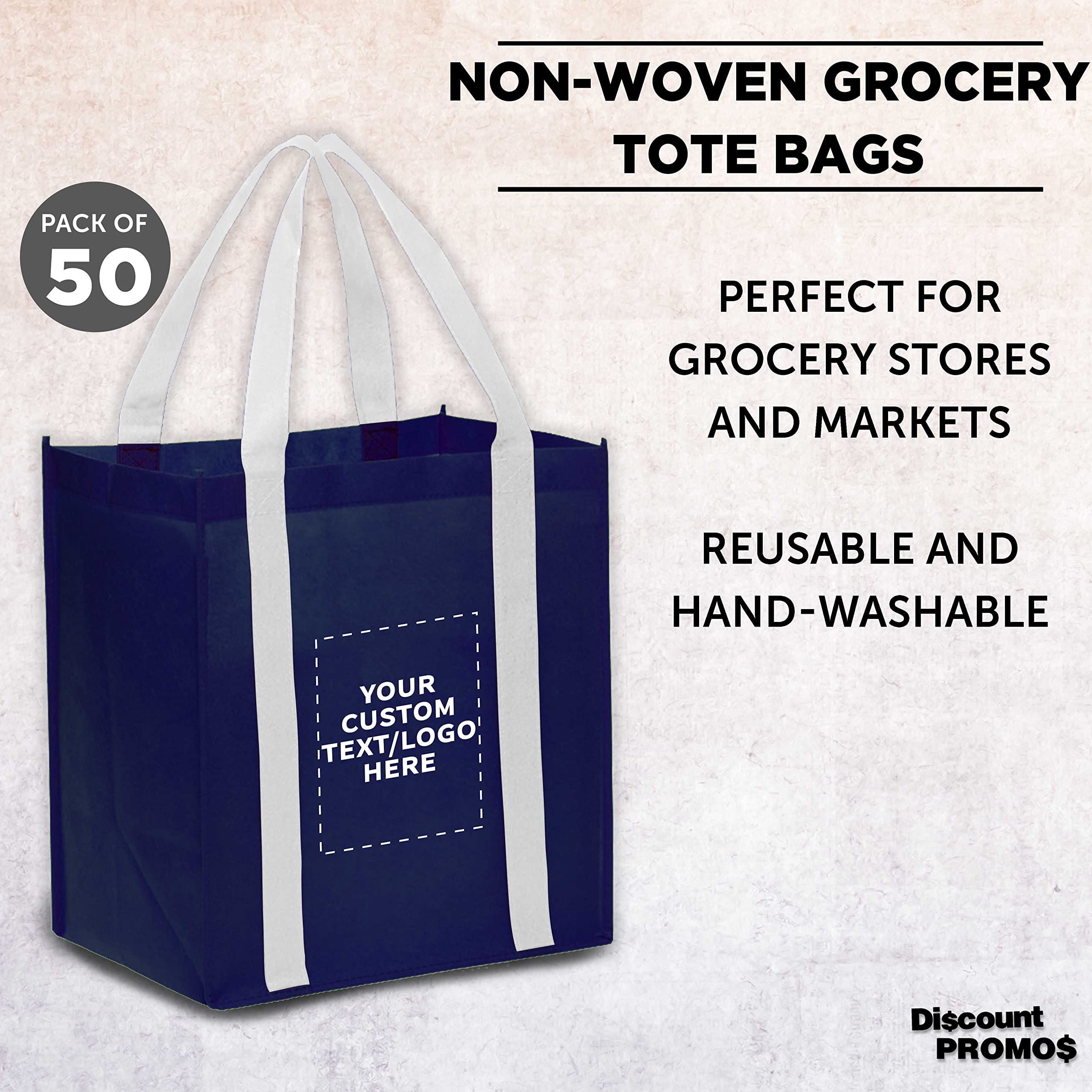 Custom Non-Woven Reusable Shopping Tote Bags - Bulk Pack of 50 Personalized Grocery Bags - Eco-Friendly Navy & White Totes for Shopping, Beach, Picnics, Wedding Favors & Retail Promotions | Great for Stores, Events & Sustainable Lifestyle