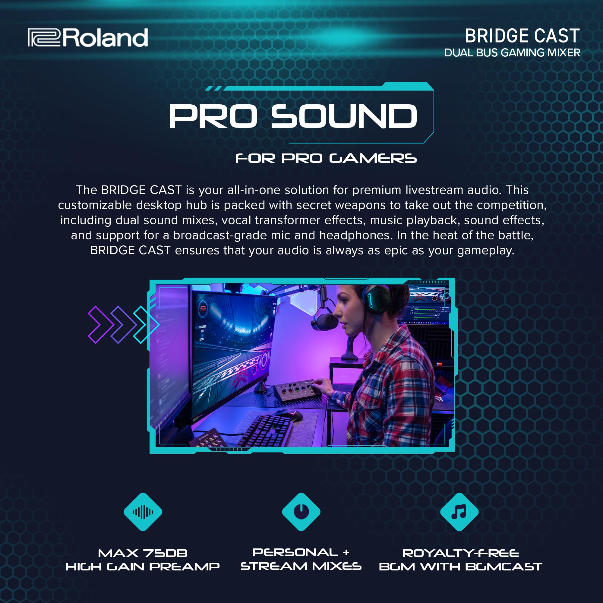 Roland BRIDGE CAST Dual Bus Gaming Mixer in Ice White - Professional Audio Streaming Interface & Mixer for Online Gamers & Content Creators | 32-Bit Hardware DSP | USB-C Windows/Mac Compatible | XLR Mic Input | Perfect for Twitch Streaming, Podcasting & Esports Tournaments