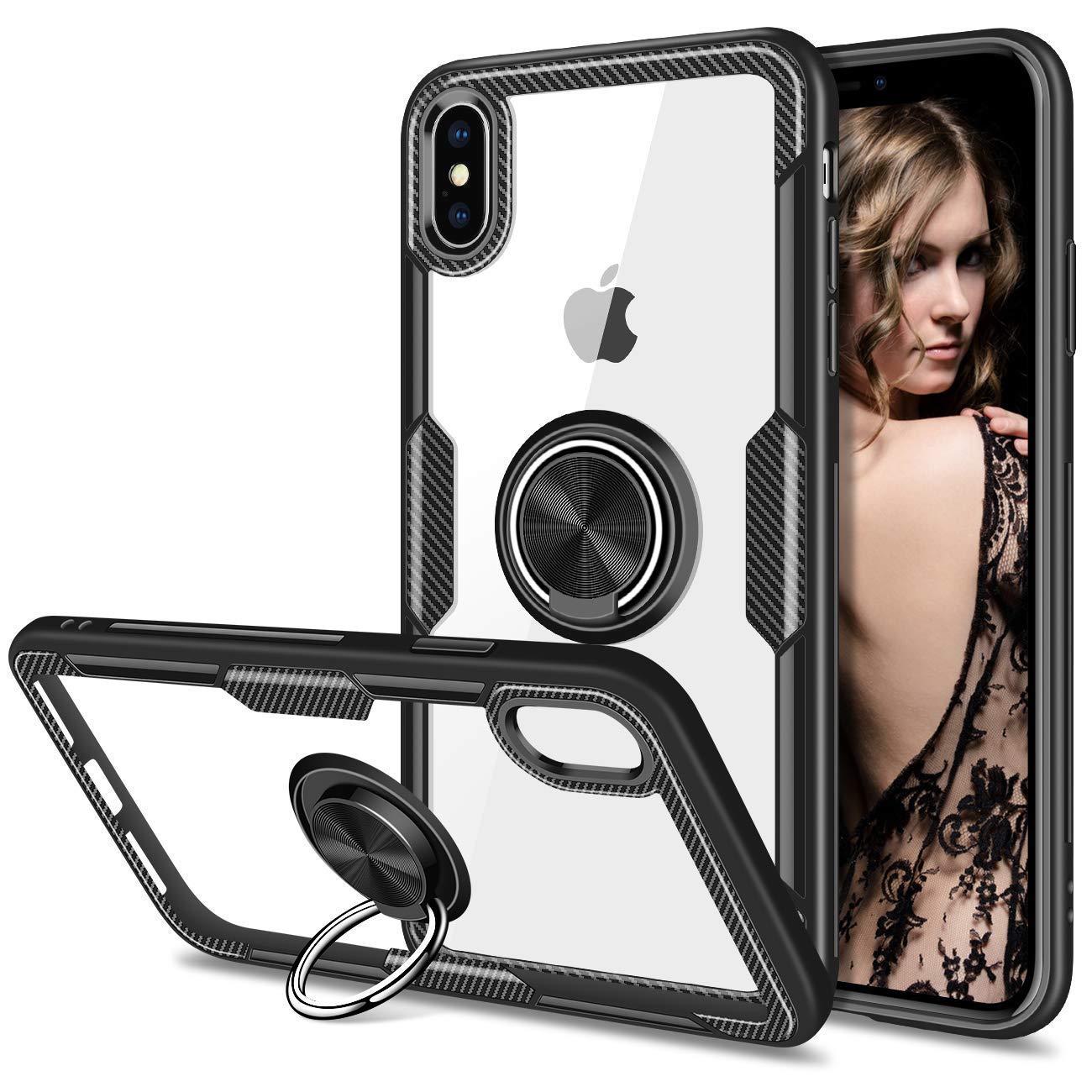 SORAKA Clear iPhone Xs/X Case with Ring Holder & Metal Plate - Slim Fit Transparent Hard PC Cover for Magnetic Car Mount | Perfect for Driving, Work & Daily Use