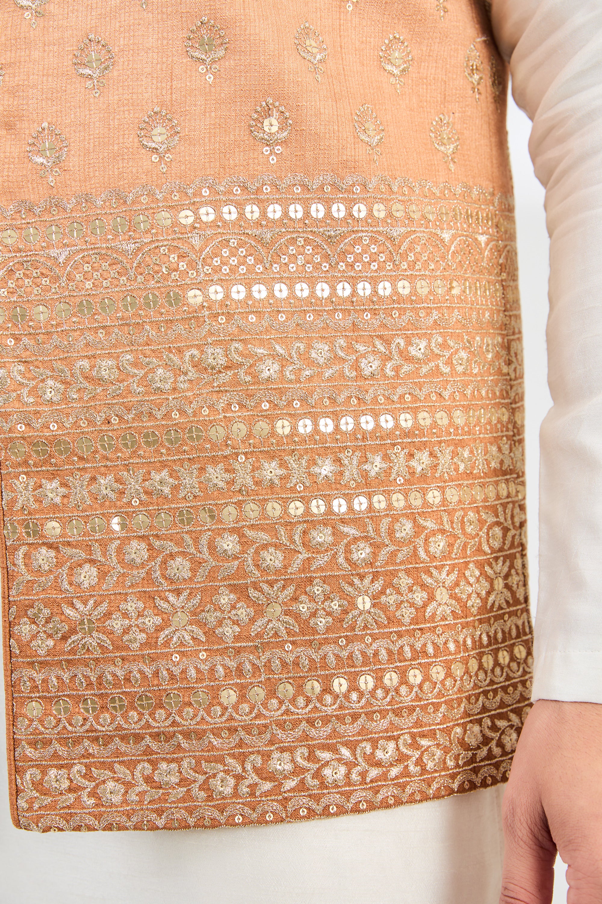 Elegant Ombre Coral Peach Nehru Jacket with Zari Embroidery - Perfect for Festive Occasions, Weddings & Ethnic Fashion
