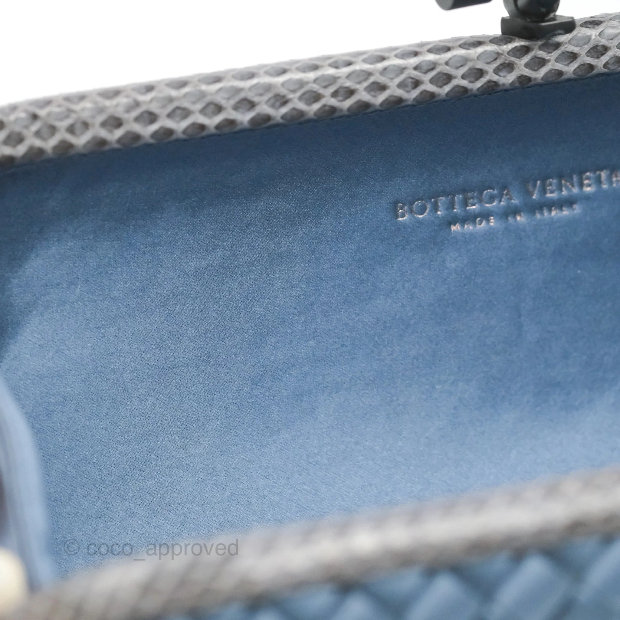 Bottega Veneta Ayers Satin Intreccio Stretch Knot Clutch Bag in Navy Blue | Luxury Evening Clutch for Women | Perfect for Parties, Weddings & Special Occasions