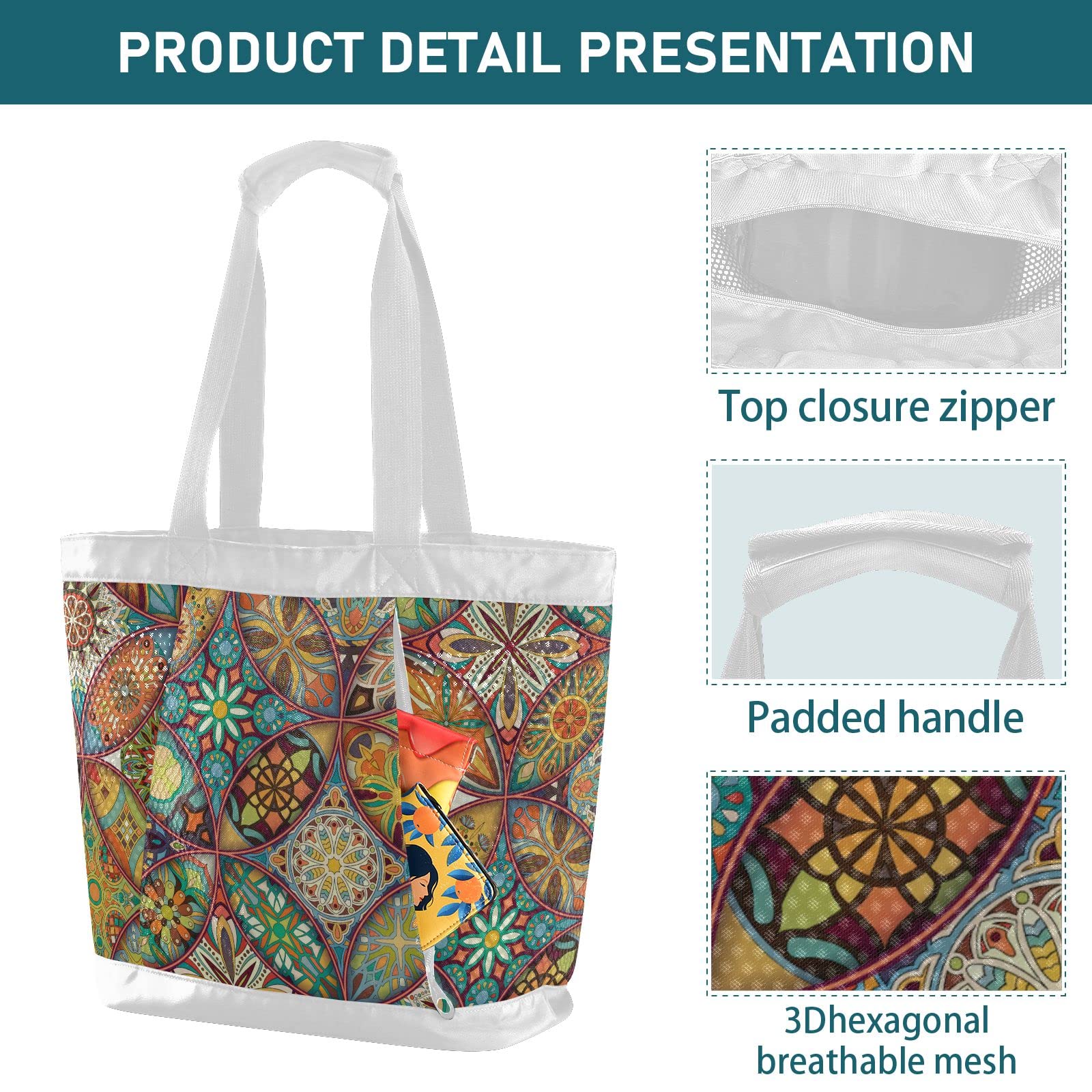 J JOYSAY Large Ethnic Floral Mandala Mesh Beach Tote Bag for Women - Stylish Travel, Overnight & Gym Bag - Perfect for Beach Vacations, Pool Parties & Summer Outings