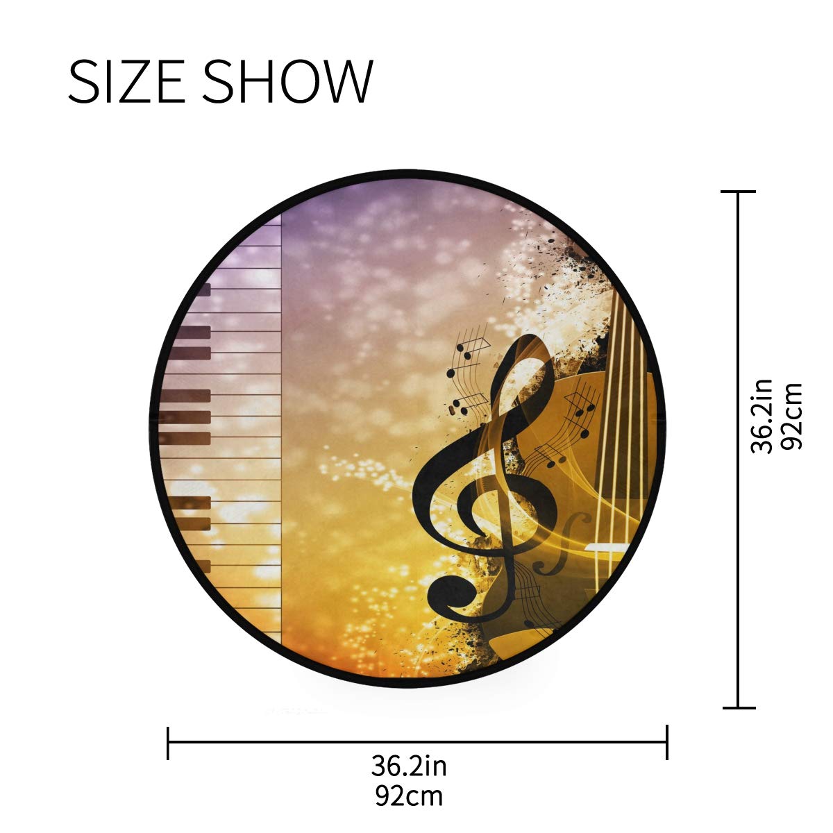 ALAZA Music Notes Piano Guitar Abstract Round Area Rug - 3' Diameter (92 cm) for Living Room, Bedroom, Nursery & Music Studio Decor - Soft Non-Slip Floor Mat for Musicians & Music Lovers