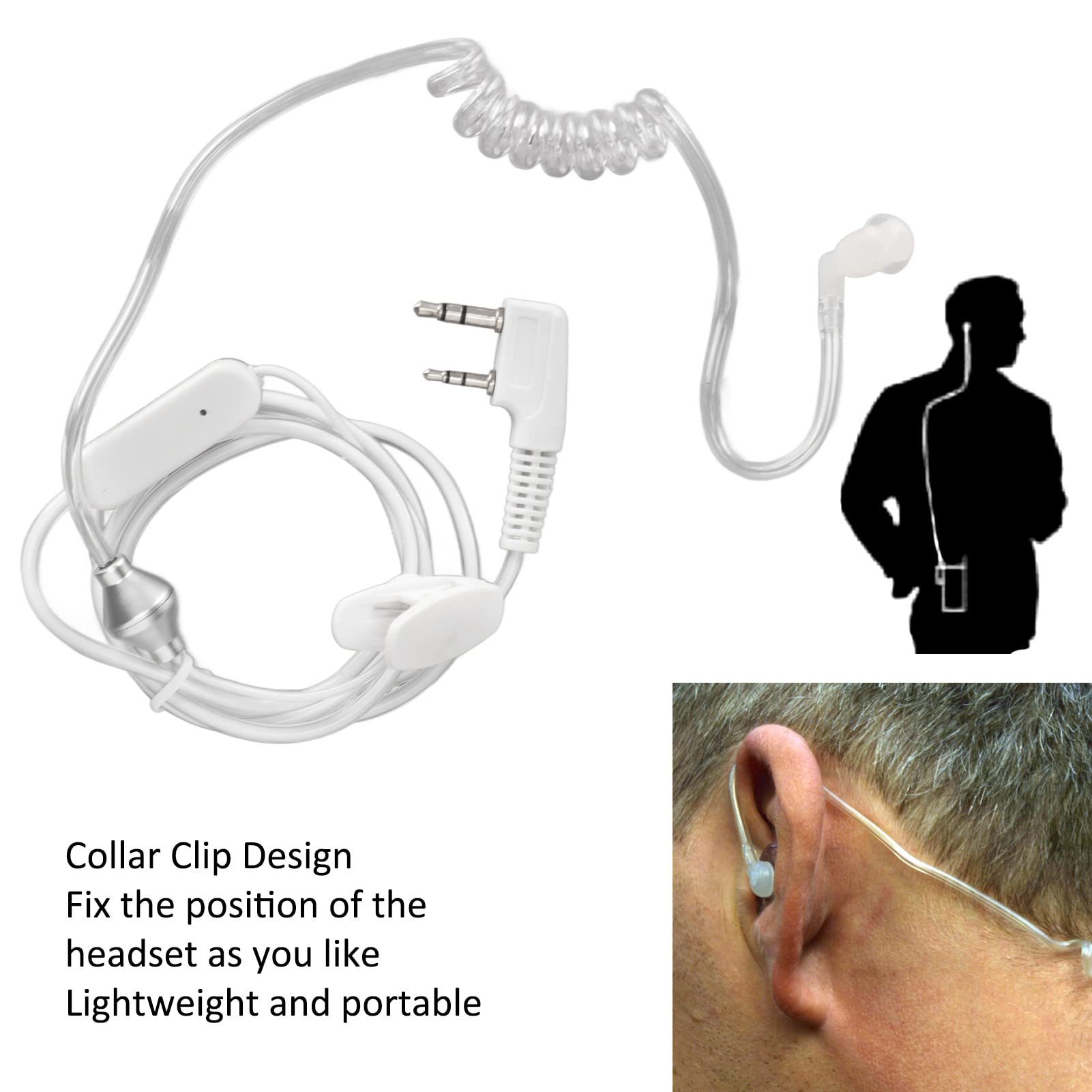 2 Pin Acoustic Tube Earpiece Headset - Clear Coil Clip Surveillance Kit for Walkie Talkie (UV5R BF480 V7 V8) | Comfortable 2-Way Radio Communication for Security, Construction & Outdoor Activities