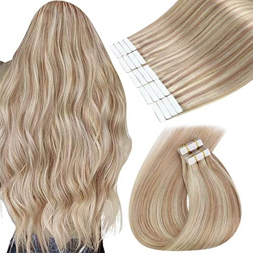 Sunny Tape in Hair Extensions - 22in Ash Blonde Human Hair Weft with Highlights (50g) | Bleach Blonde Tape-in Extensions for Natural Volume & Length | Perfect for Parties, Weddings & Daily Styling
